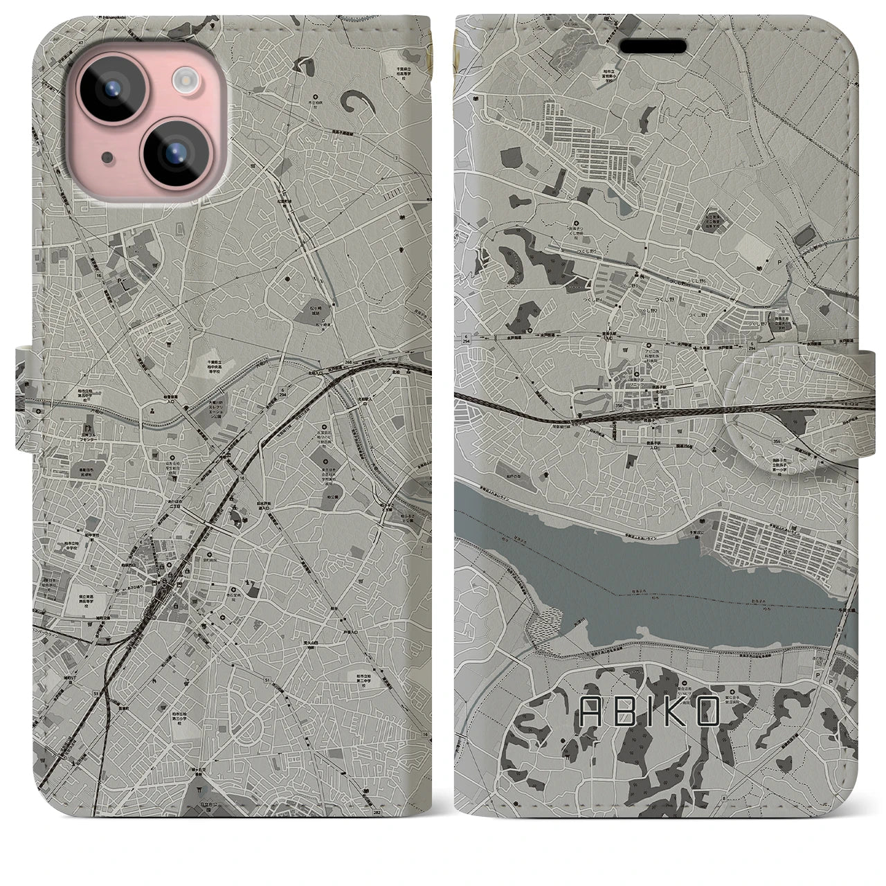 【我孫子(千葉県)】地図柄iPhoneケース(手帳タイプ)モノトーン・iPhone 15 Plus 用