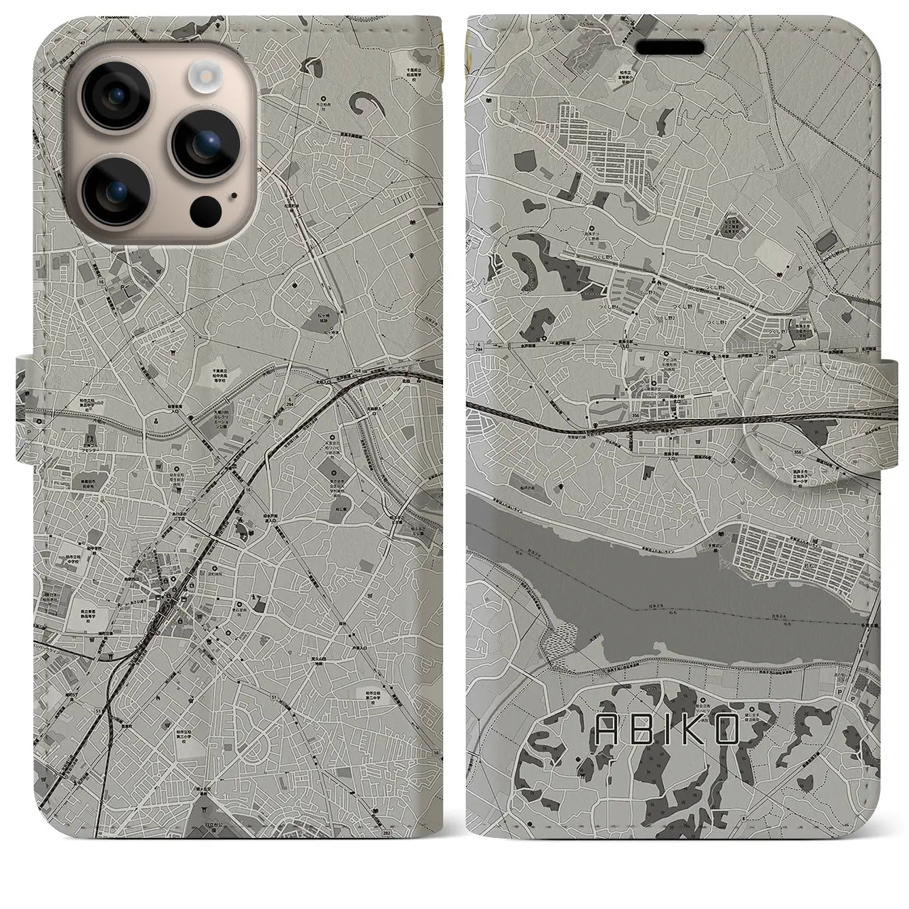【我孫子(千葉県)】地図柄iPhoneケース(手帳タイプ)モノトーン・iPhone 16 Plus 用