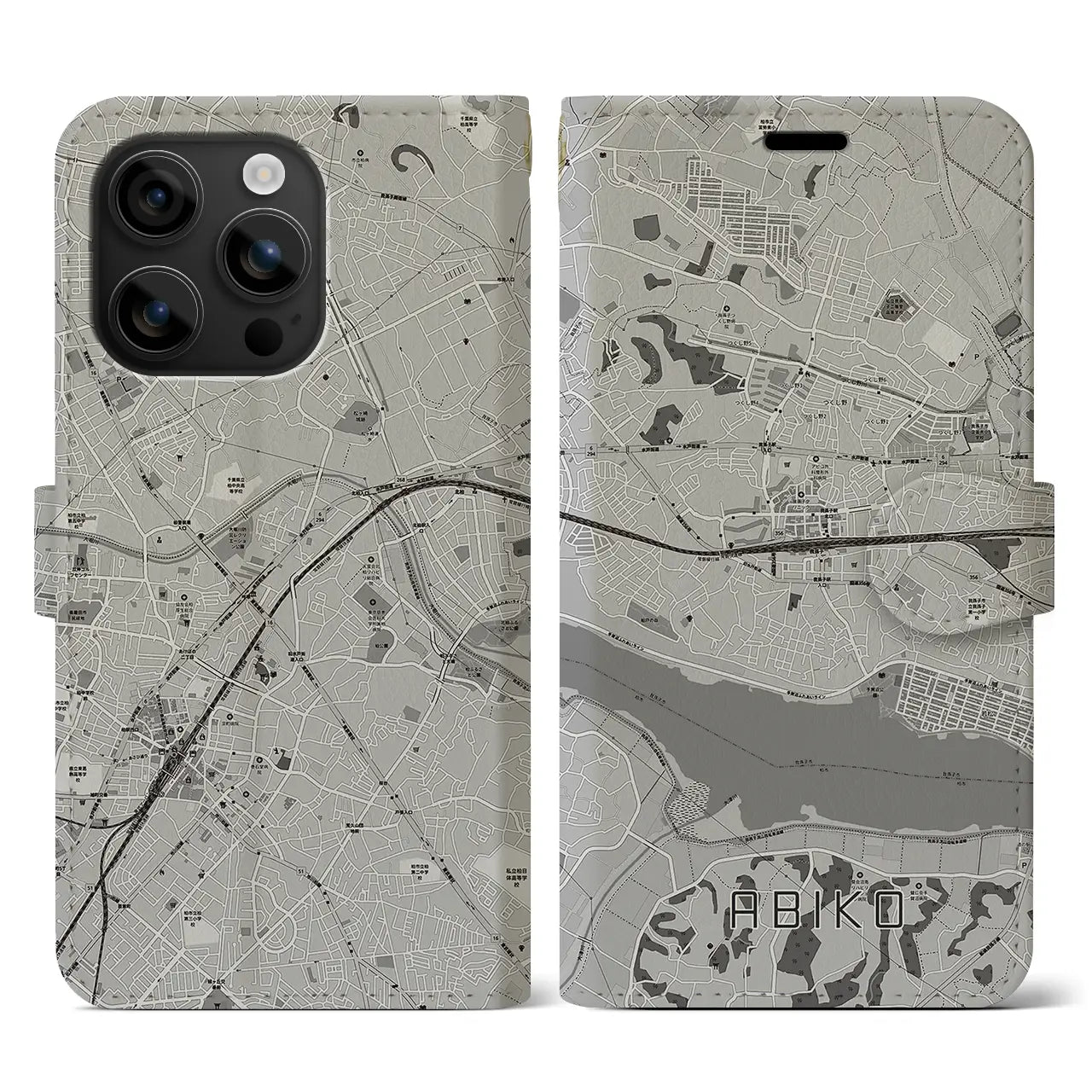 【我孫子(千葉県)】地図柄iPhoneケース(手帳タイプ)モノトーン・iPhone 16 用