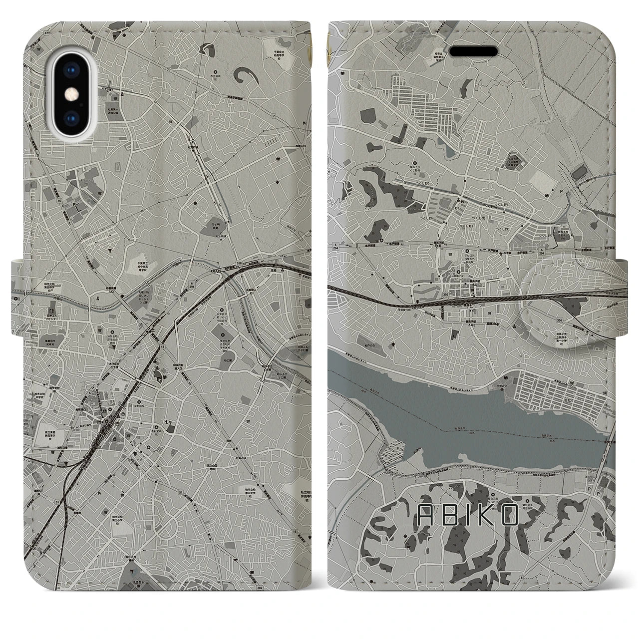 【我孫子(千葉県)】地図柄iPhoneケース(手帳タイプ)モノトーン・iPhone XS Max 用