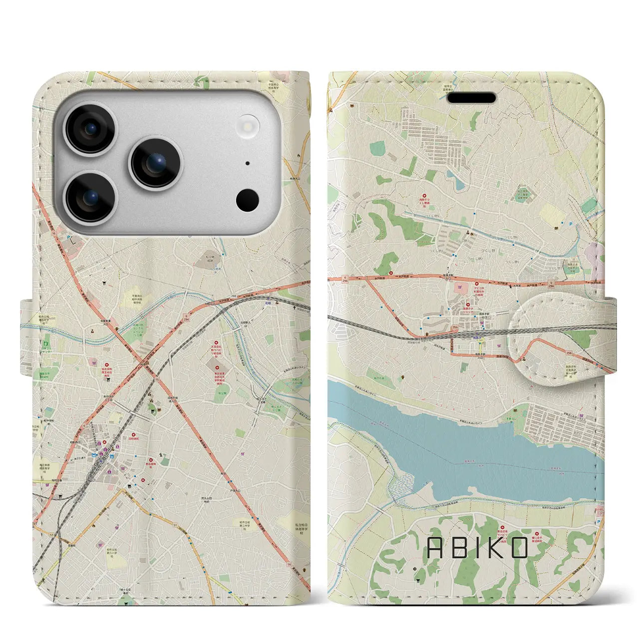 【我孫子(千葉県)】地図柄iPhoneケース(手帳タイプ)ナチュラル・iPhone 17 Pro Max 用