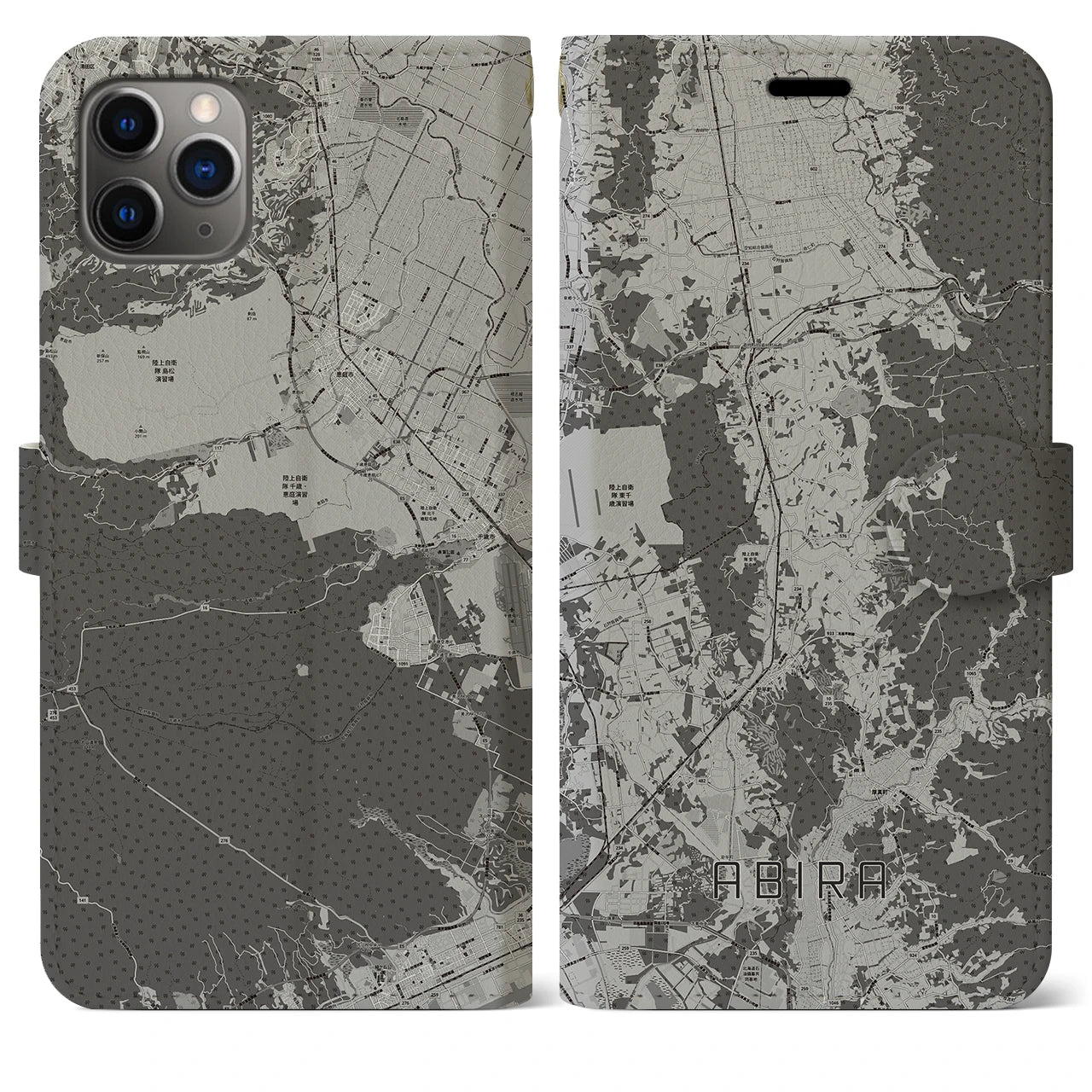 【安平(北海道)】地図柄iPhoneケース(手帳タイプ)モノトーン・iPhone 11 Pro Max 用