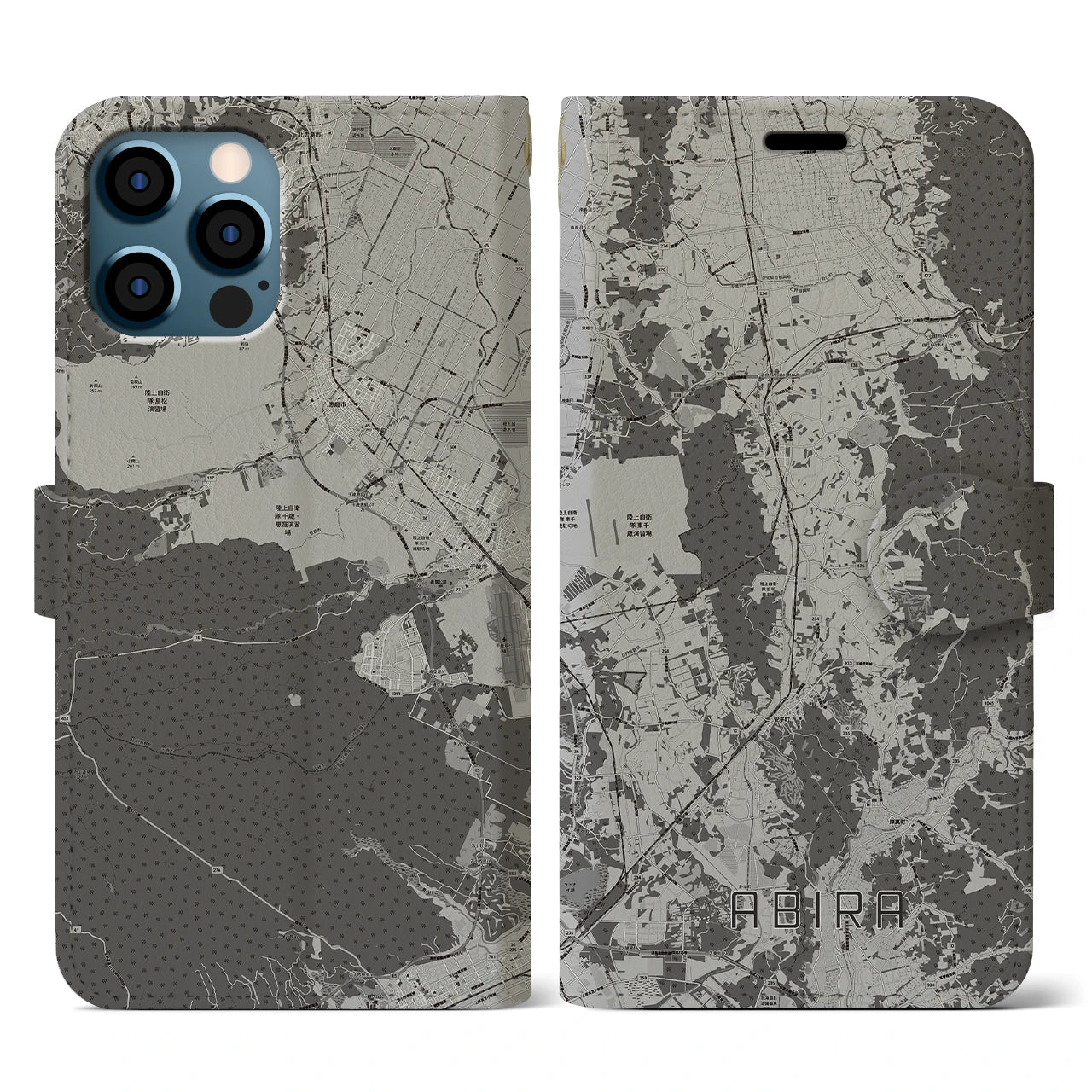 【安平(北海道)】地図柄iPhoneケース(手帳タイプ)モノトーン・iPhone 12 / 12 Pro 用