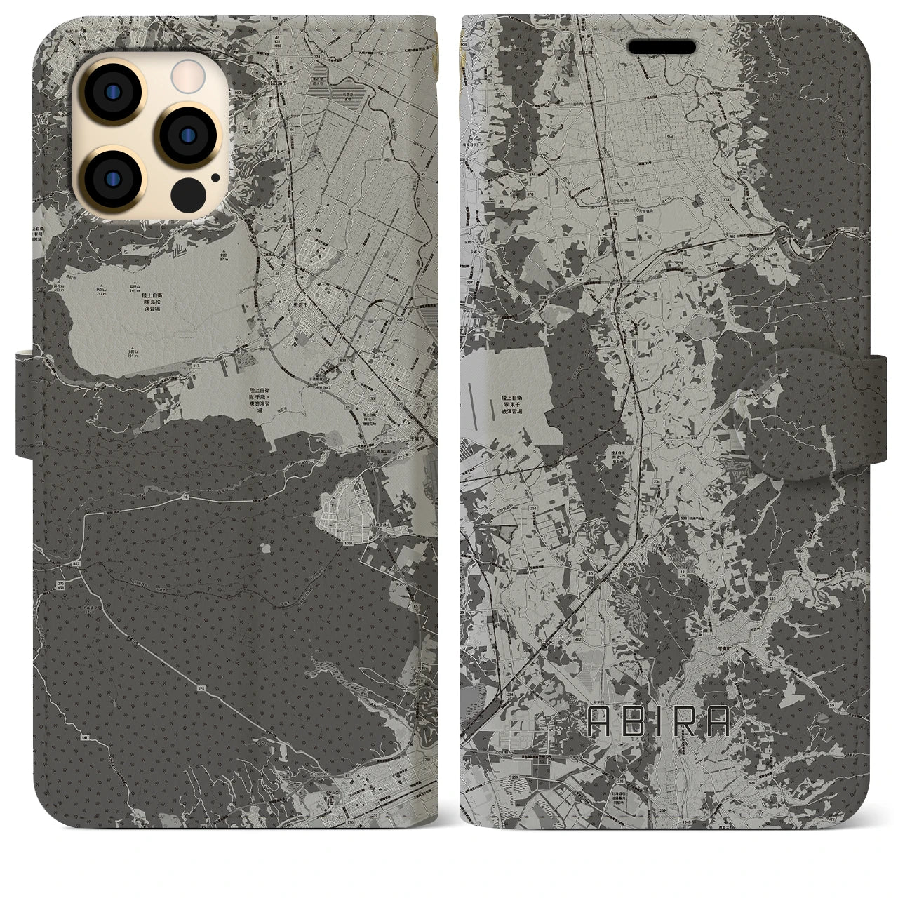 【安平(北海道)】地図柄iPhoneケース(手帳タイプ)モノトーン・iPhone 12 Pro Max 用
