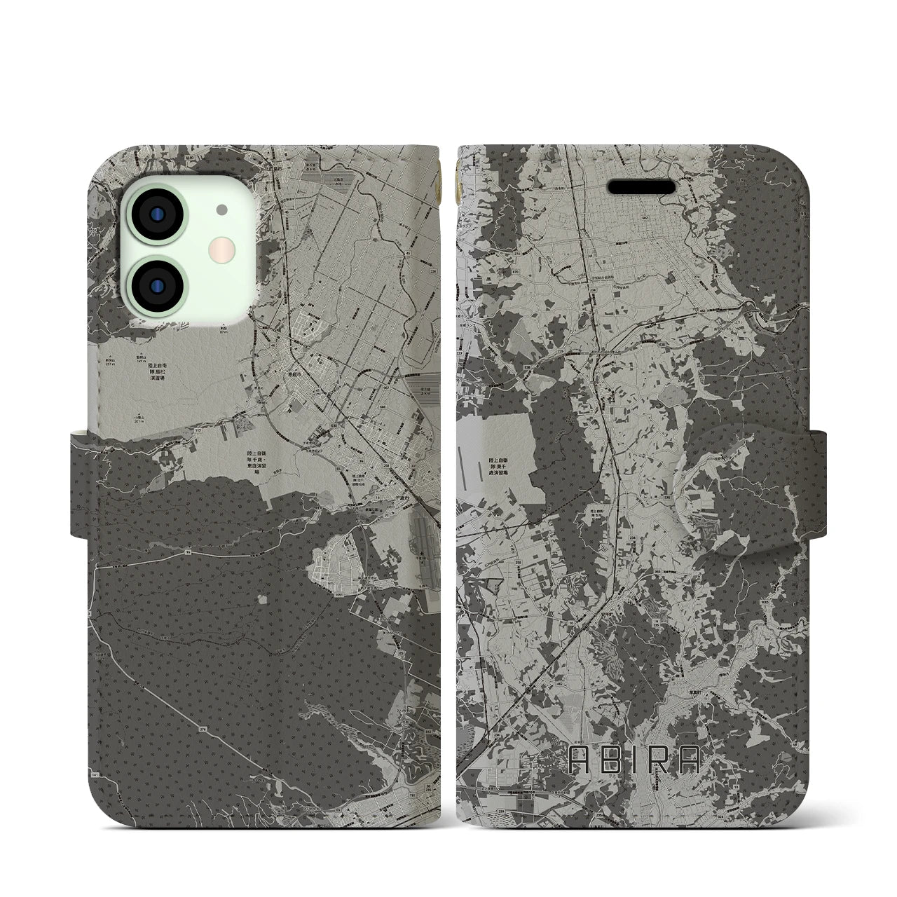 【安平(北海道)】地図柄iPhoneケース(手帳タイプ)モノトーン・iPhone 12 mini 用