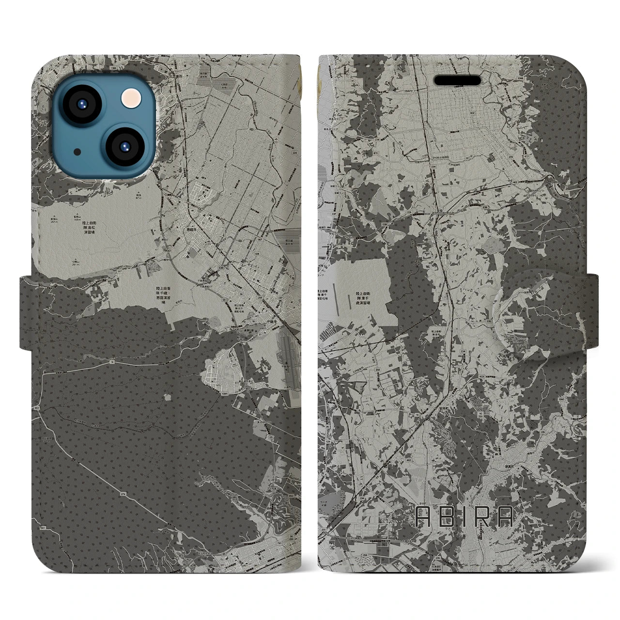 【安平(北海道)】地図柄iPhoneケース(手帳タイプ)モノトーン・iPhone 13 用
