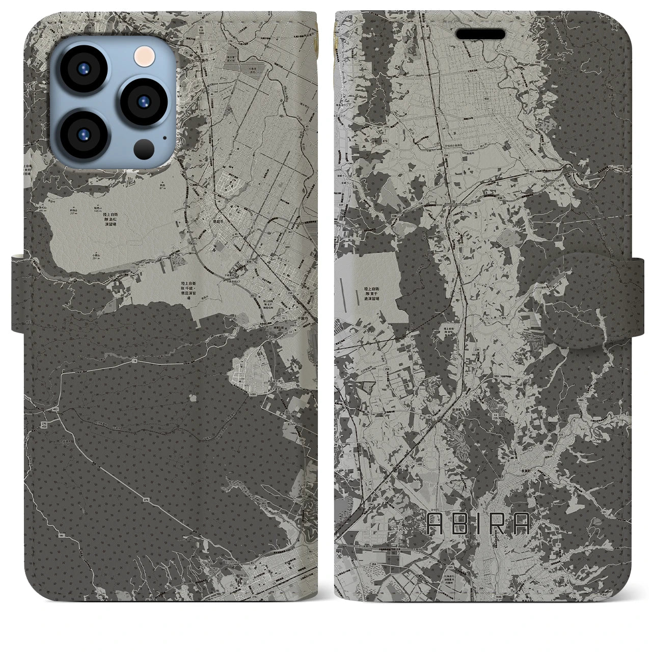 【安平(北海道)】地図柄iPhoneケース(手帳タイプ)モノトーン・iPhone 13 Pro Max 用