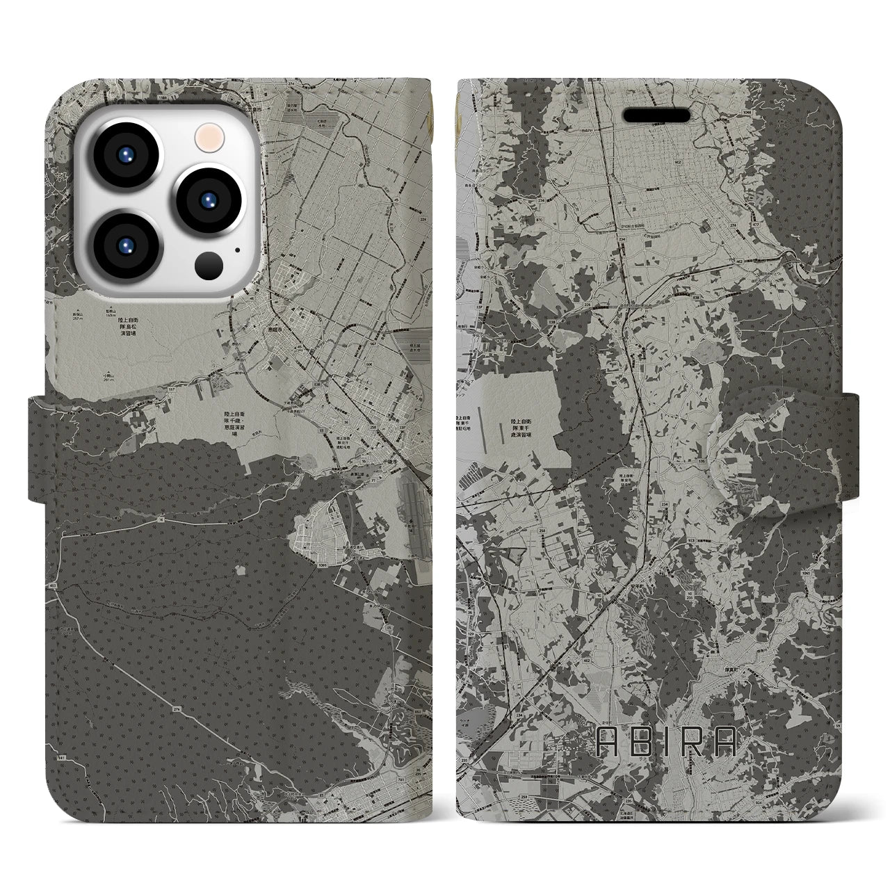 【安平(北海道)】地図柄iPhoneケース(手帳タイプ)モノトーン・iPhone 13 Pro 用