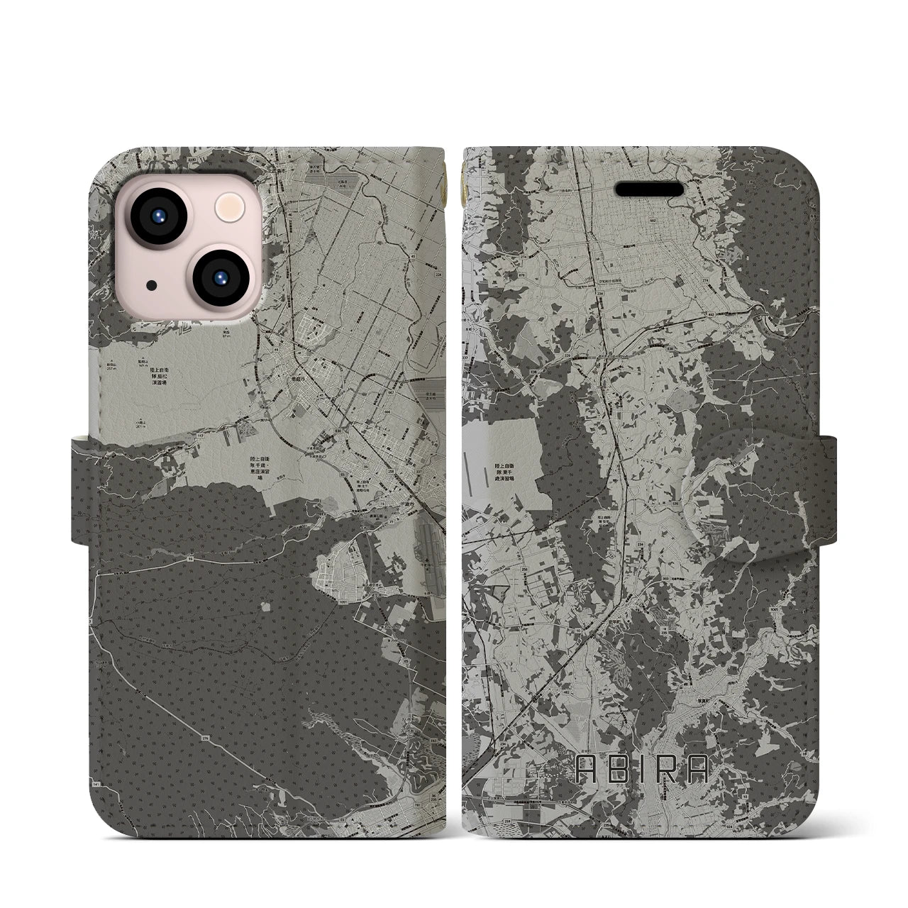 【安平(北海道)】地図柄iPhoneケース(手帳タイプ)モノトーン・iPhone 13 mini 用