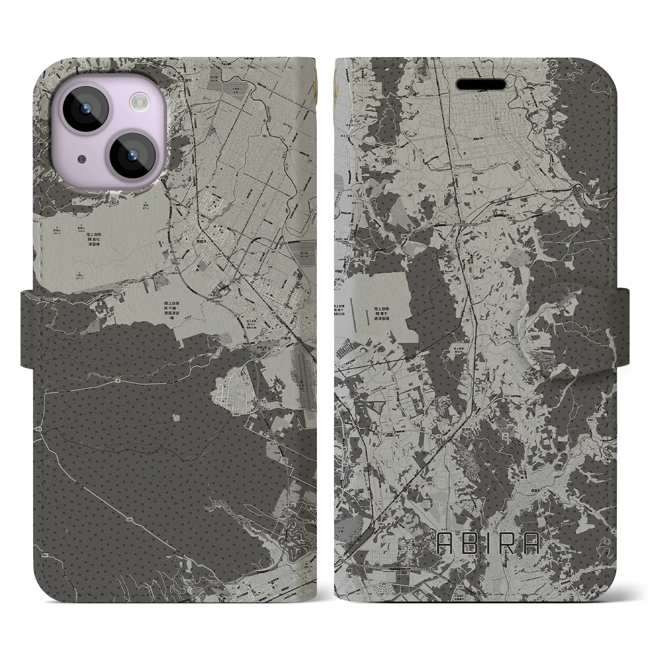 【安平(北海道)】地図柄iPhoneケース(手帳タイプ)モノトーン・iPhone 14 用