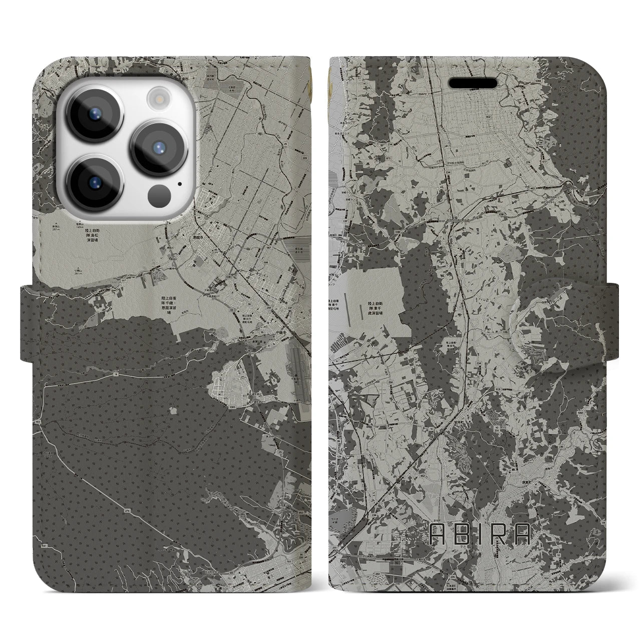 【安平(北海道)】地図柄iPhoneケース(手帳タイプ)モノトーン・iPhone 14 Pro 用