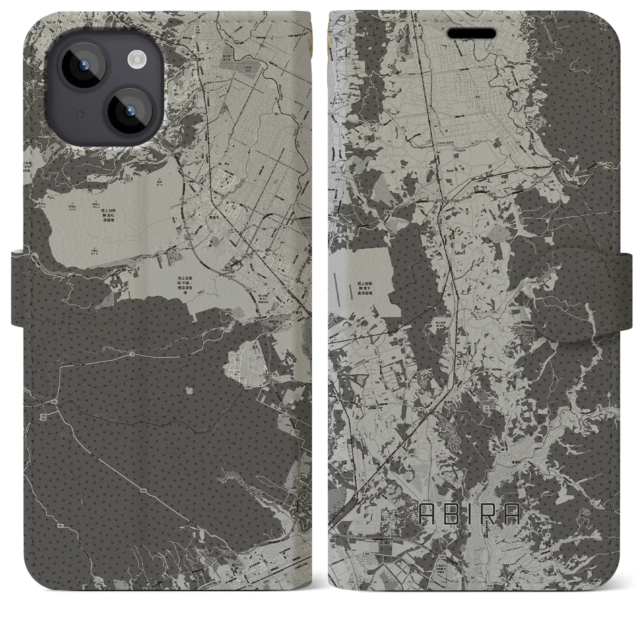 【安平(北海道)】地図柄iPhoneケース(手帳タイプ)モノトーン・iPhone 14 Plus 用