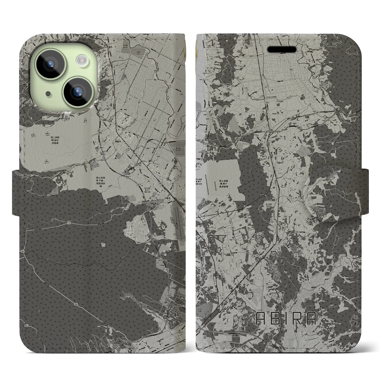 【安平(北海道)】地図柄iPhoneケース(手帳タイプ)モノトーン・iPhone 15 用