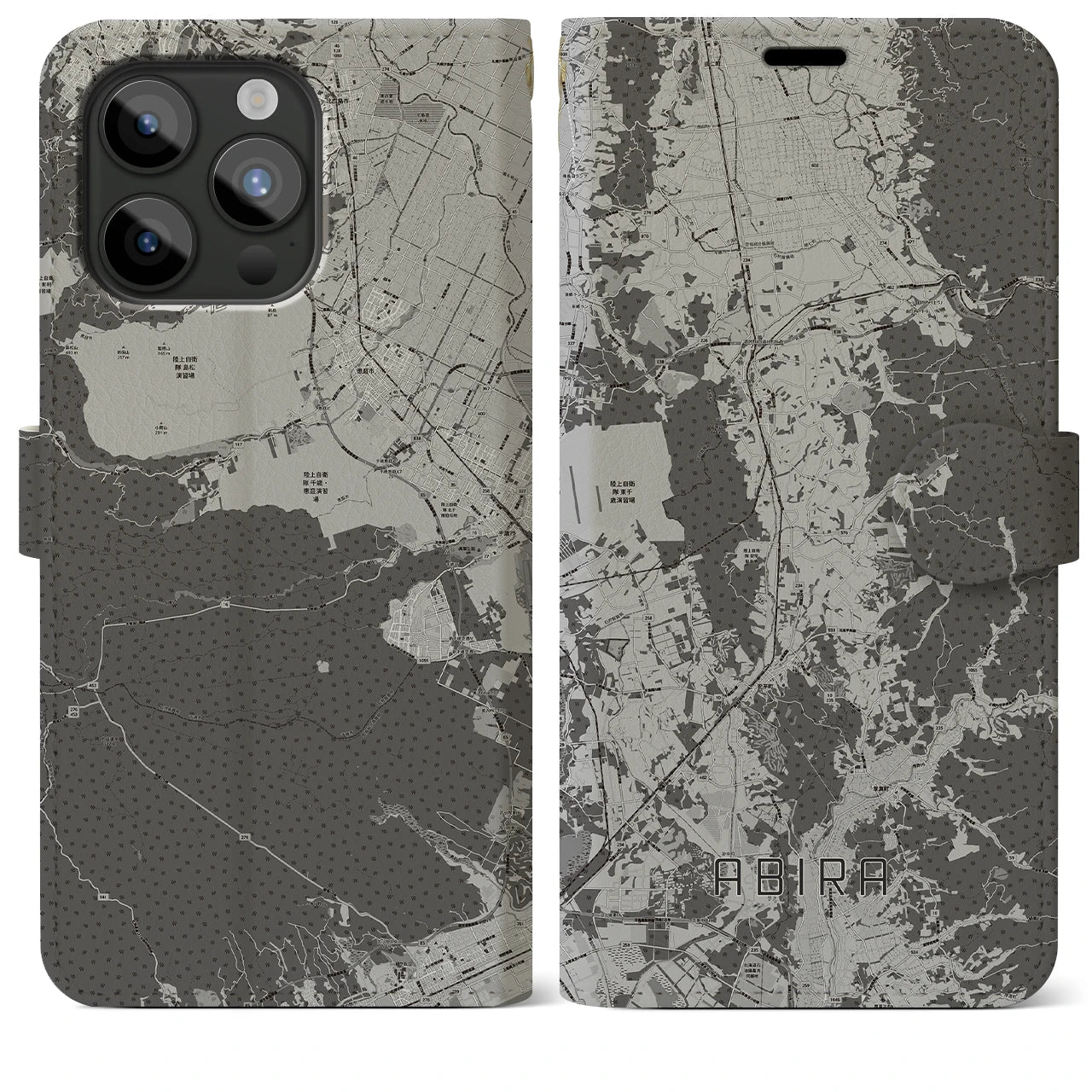 【安平(北海道)】地図柄iPhoneケース(手帳タイプ)モノトーン・iPhone 15 Pro Max 用