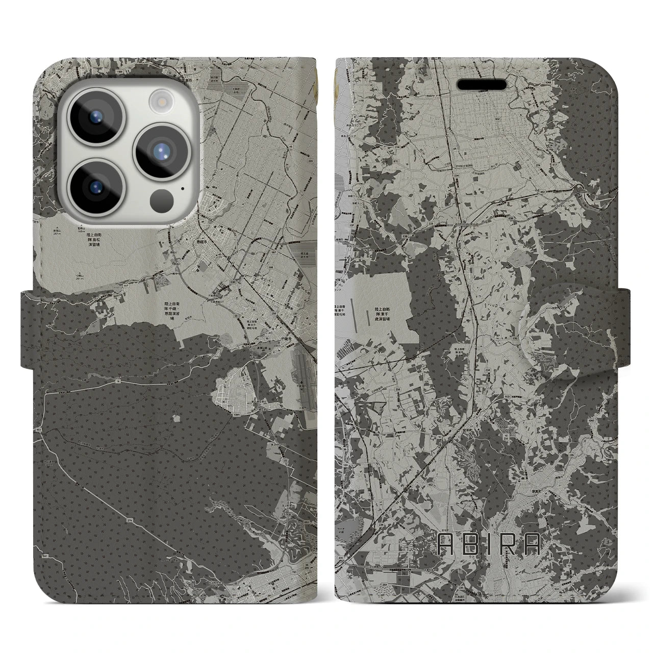 【安平(北海道)】地図柄iPhoneケース(手帳タイプ)モノトーン・iPhone 15 Pro 用