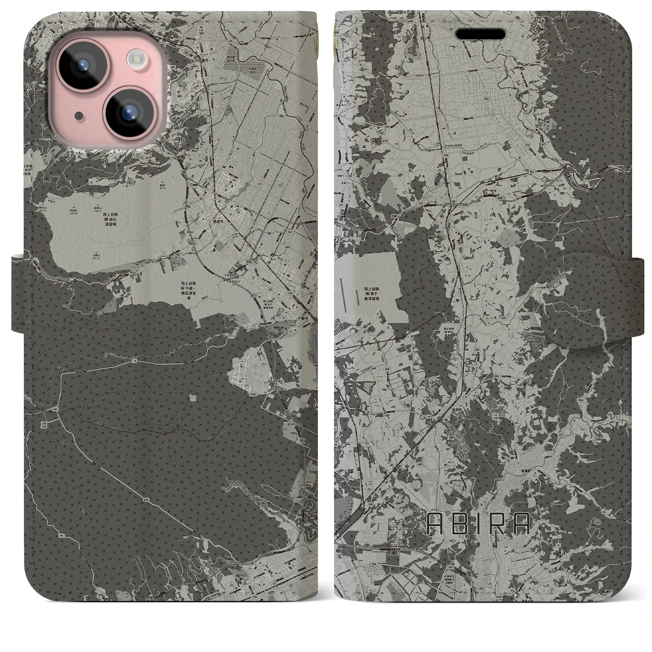 【安平(北海道)】地図柄iPhoneケース(手帳タイプ)モノトーン・iPhone 15 Plus 用