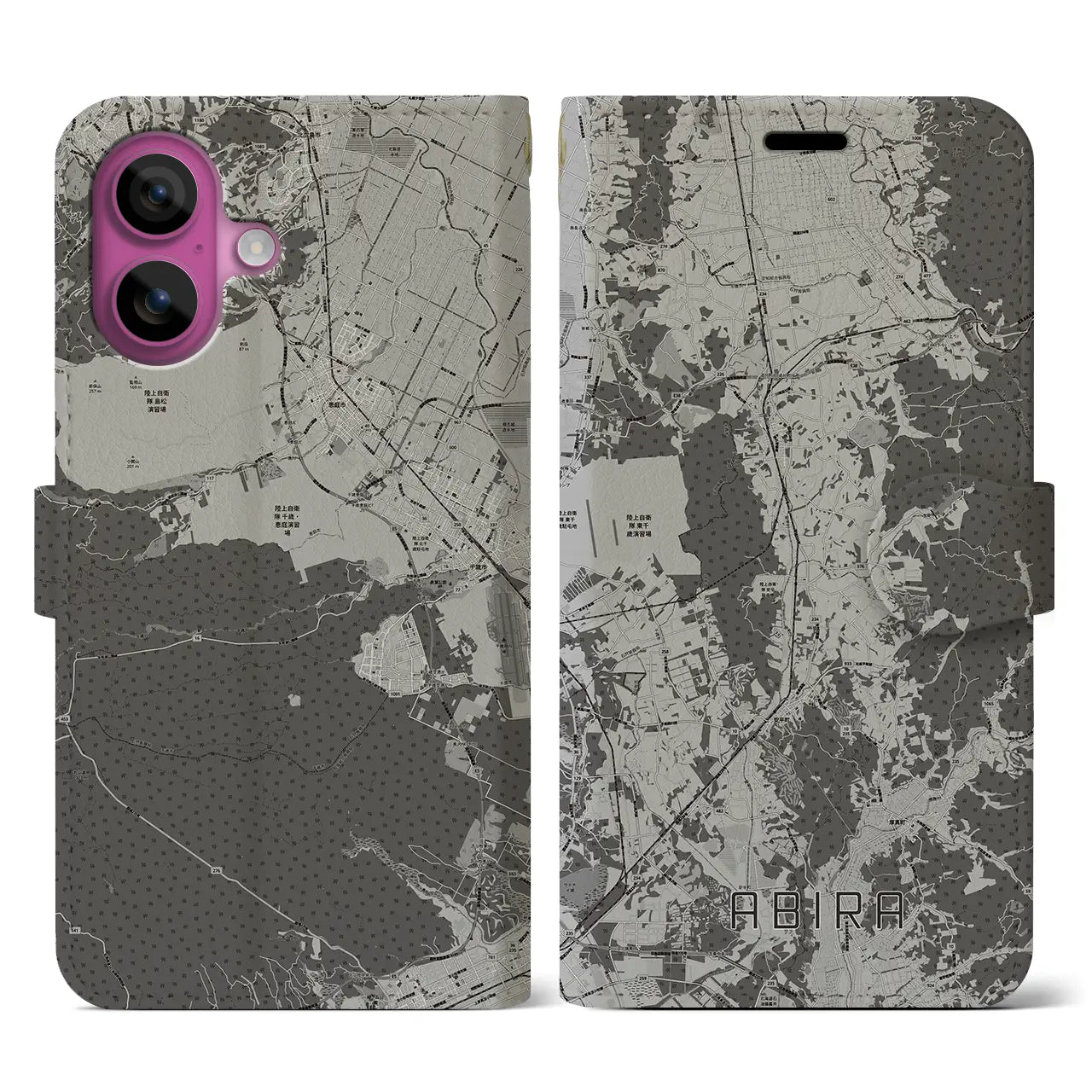 【安平(北海道)】地図柄iPhoneケース(手帳タイプ)モノトーン・iPhone 16 Pro 用