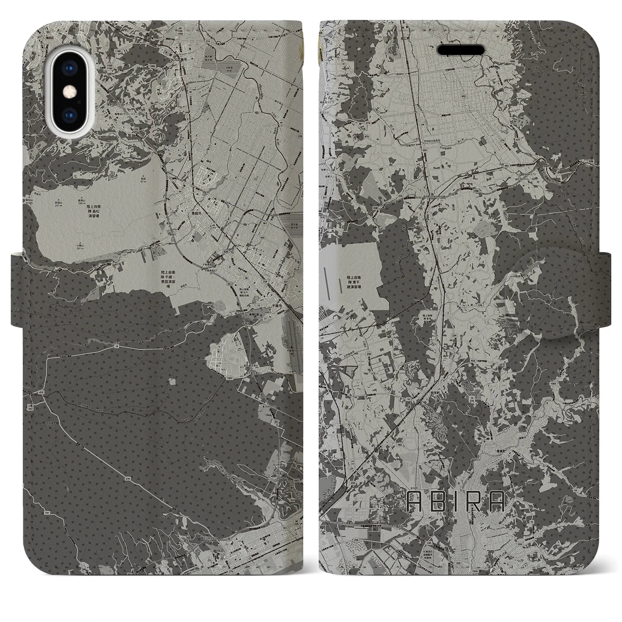 【安平(北海道)】地図柄iPhoneケース(手帳タイプ)モノトーン・iPhone XS Max 用