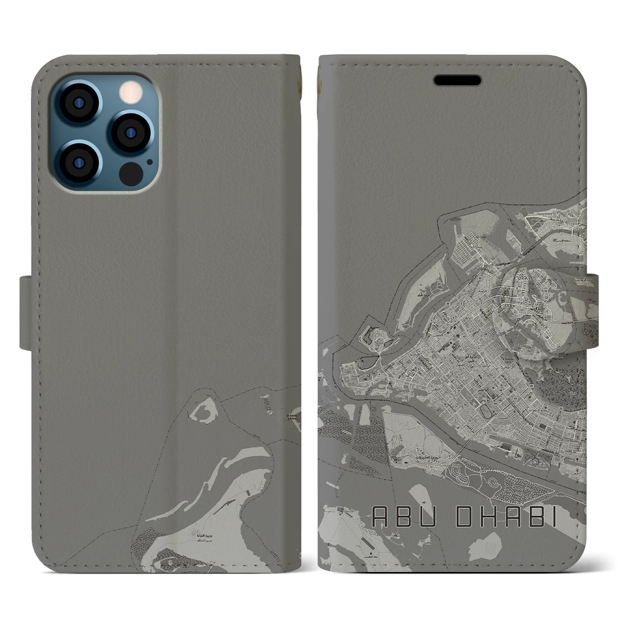 【アブダビ(アラブ首長国連邦)】地図柄iPhoneケース(手帳タイプ)モノトーン・iPhone 12 / 12 Pro 用