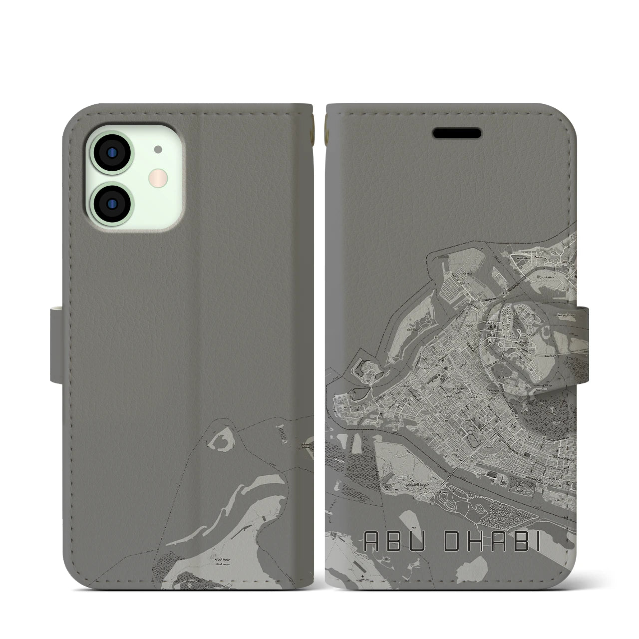 【アブダビ(アラブ首長国連邦)】地図柄iPhoneケース(手帳タイプ)モノトーン・iPhone 12 mini 用