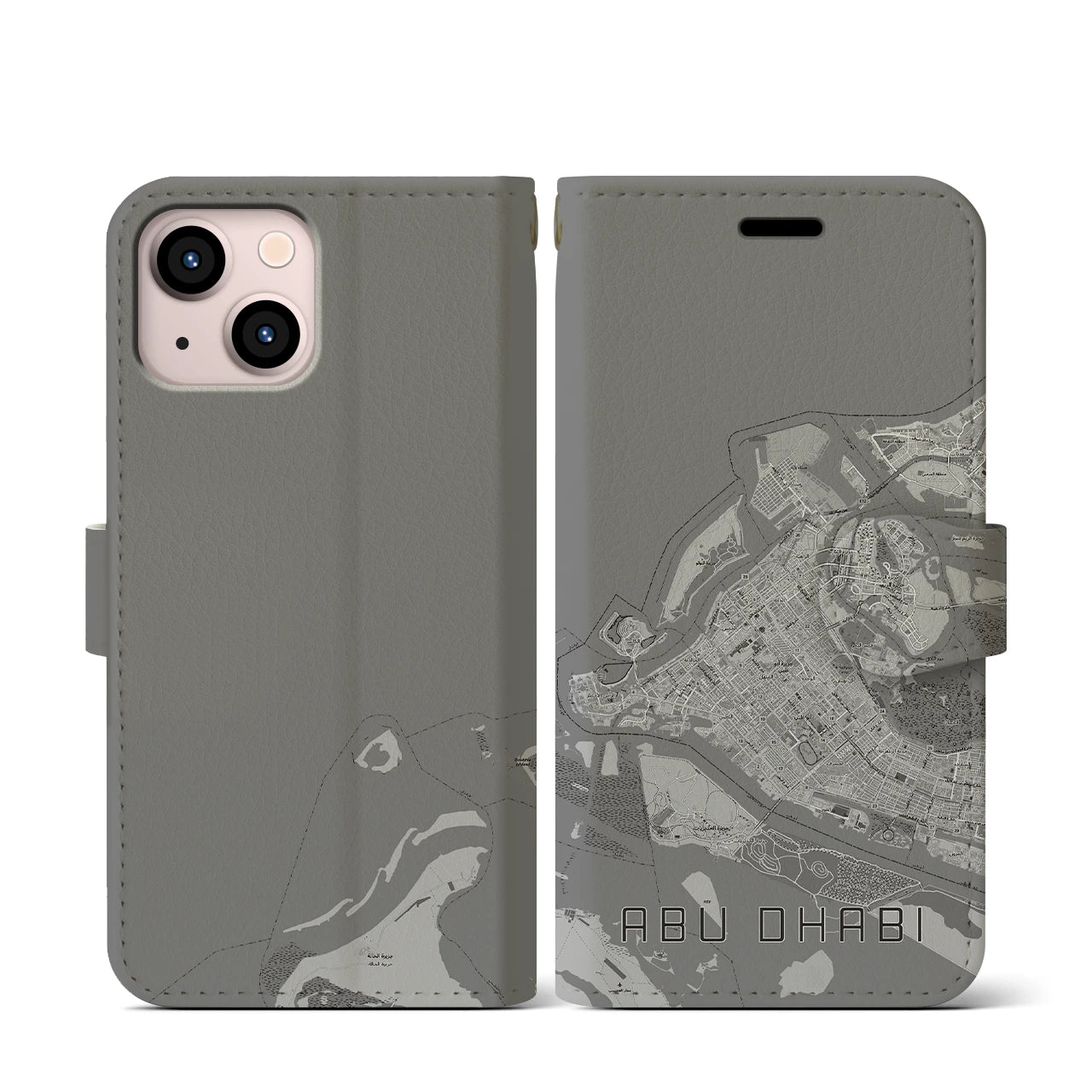 【アブダビ(アラブ首長国連邦)】地図柄iPhoneケース(手帳タイプ)モノトーン・iPhone 13 mini 用