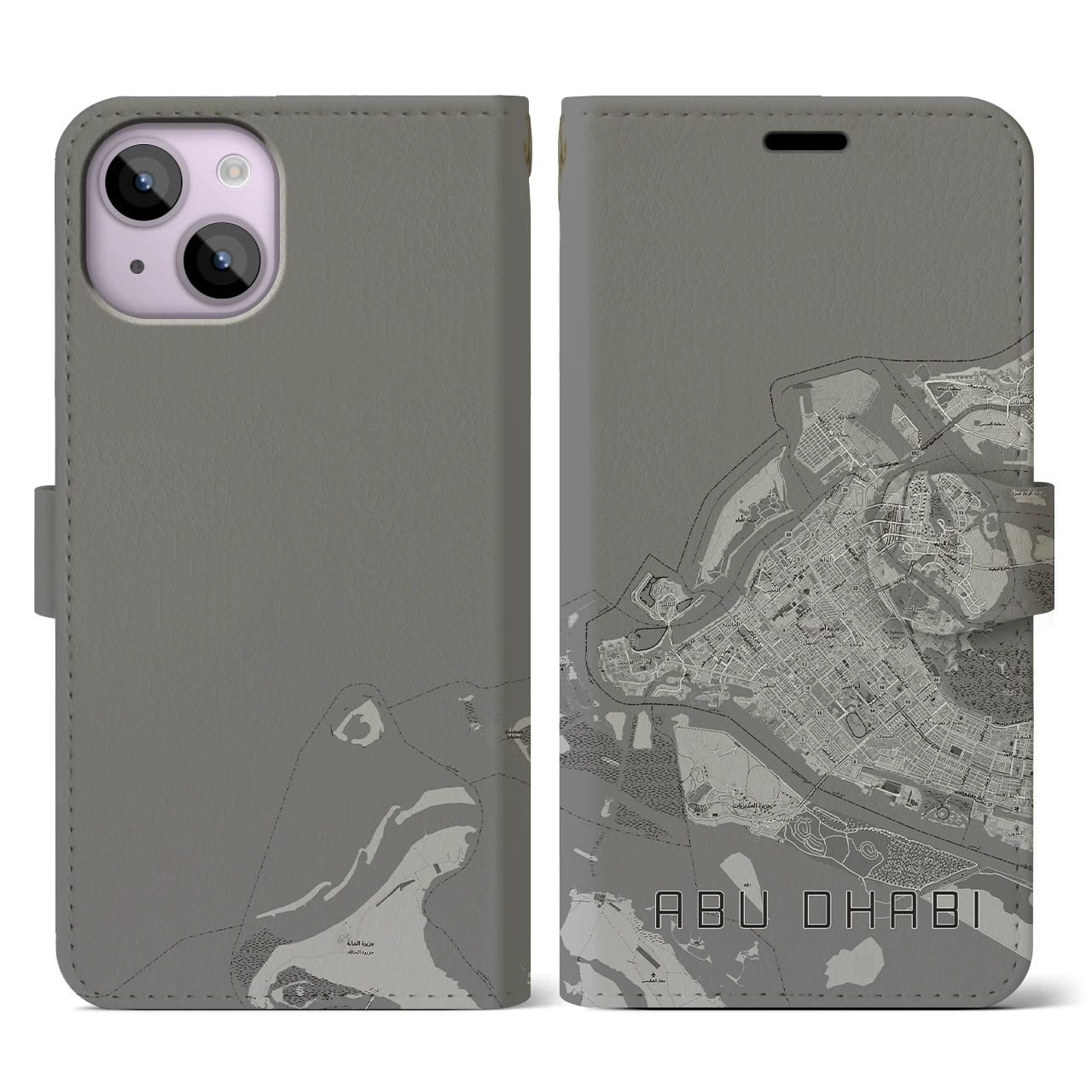 【アブダビ(アラブ首長国連邦)】地図柄iPhoneケース(手帳タイプ)モノトーン・iPhone 14 用