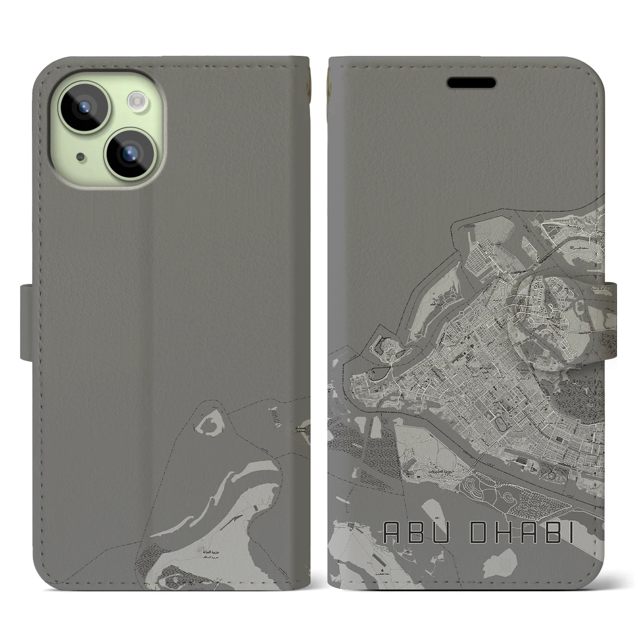 【アブダビ(アラブ首長国連邦)】地図柄iPhoneケース(手帳タイプ)モノトーン・iPhone 15 用