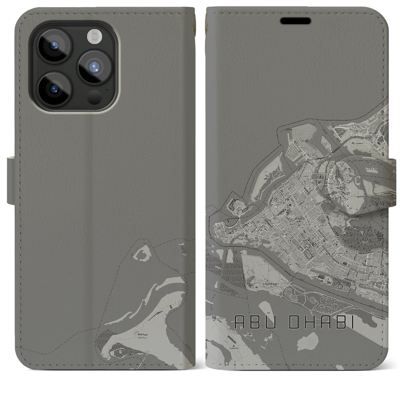【アブダビ(アラブ首長国連邦)】地図柄iPhoneケース(手帳タイプ)モノトーン・iPhone 15 Pro Max 用