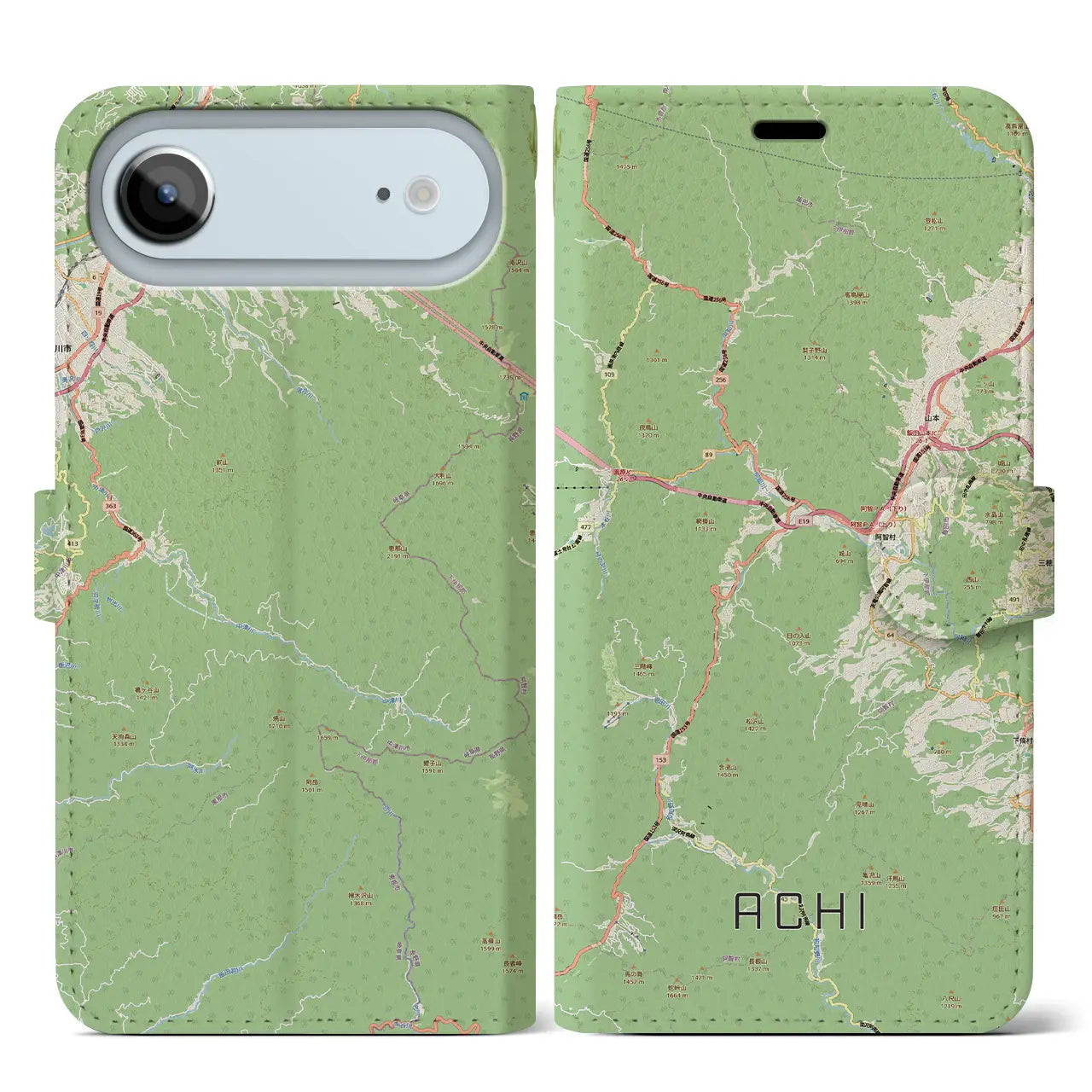 【阿智(長野県)】地図柄iPhoneケース(手帳タイプ)モノトーン・iPhone 17 Pro Max 用