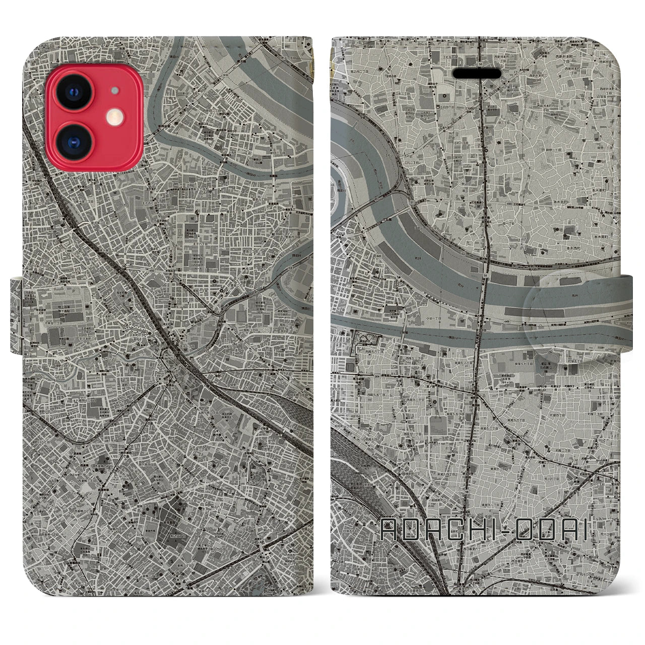 【足立小台(東京都)】地図柄iPhoneケース(手帳タイプ)モノトーン・iPhone 11 用