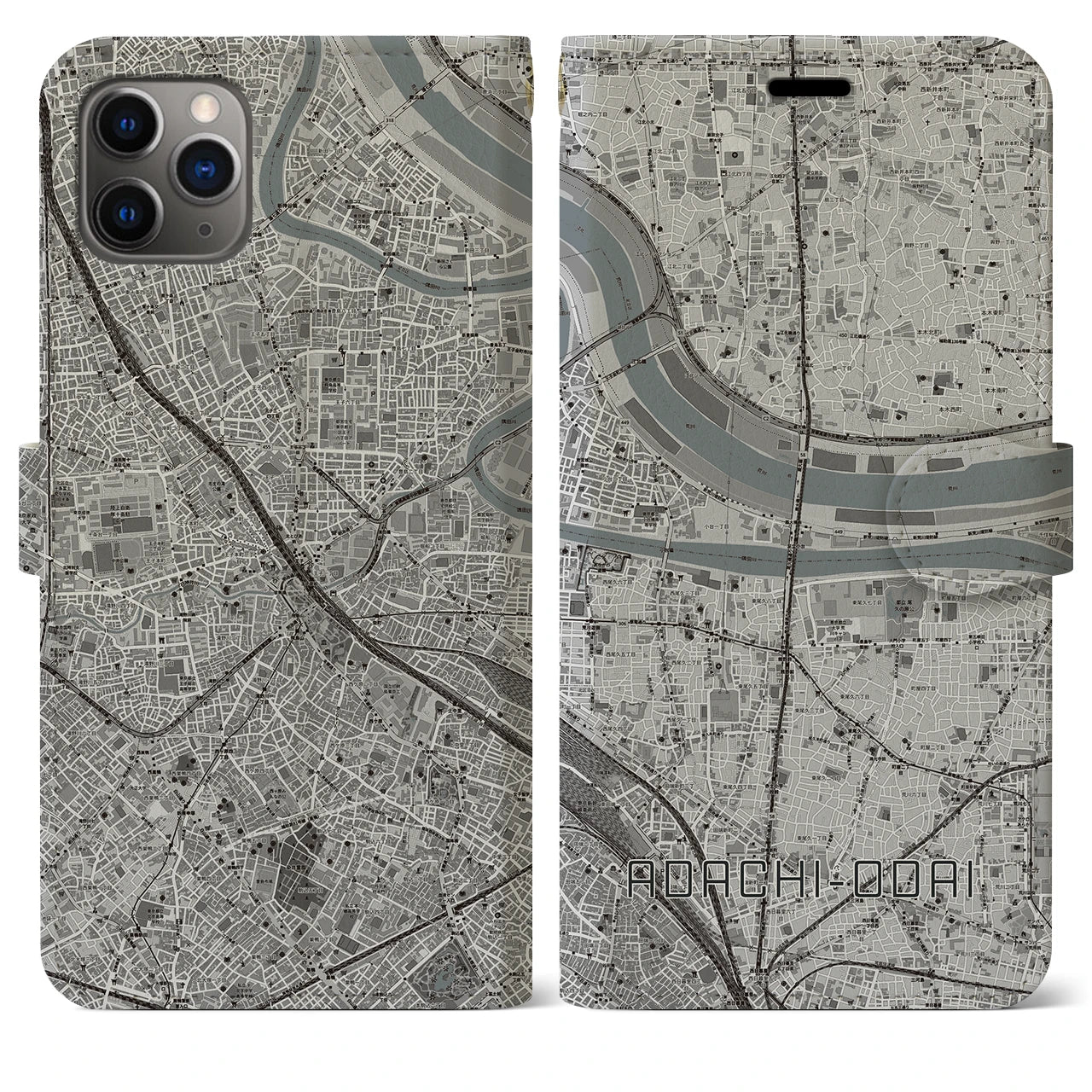 【足立小台(東京都)】地図柄iPhoneケース(手帳タイプ)モノトーン・iPhone 11 Pro Max 用
