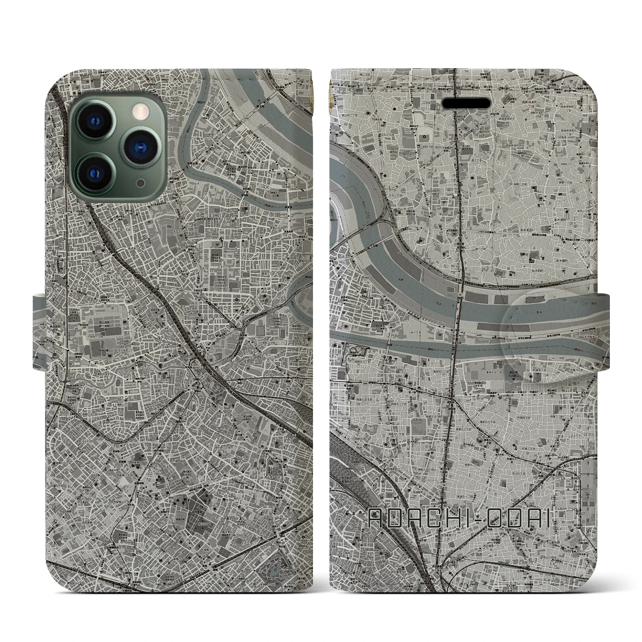 【足立小台(東京都)】地図柄iPhoneケース(手帳タイプ)モノトーン・iPhone 11 Pro 用