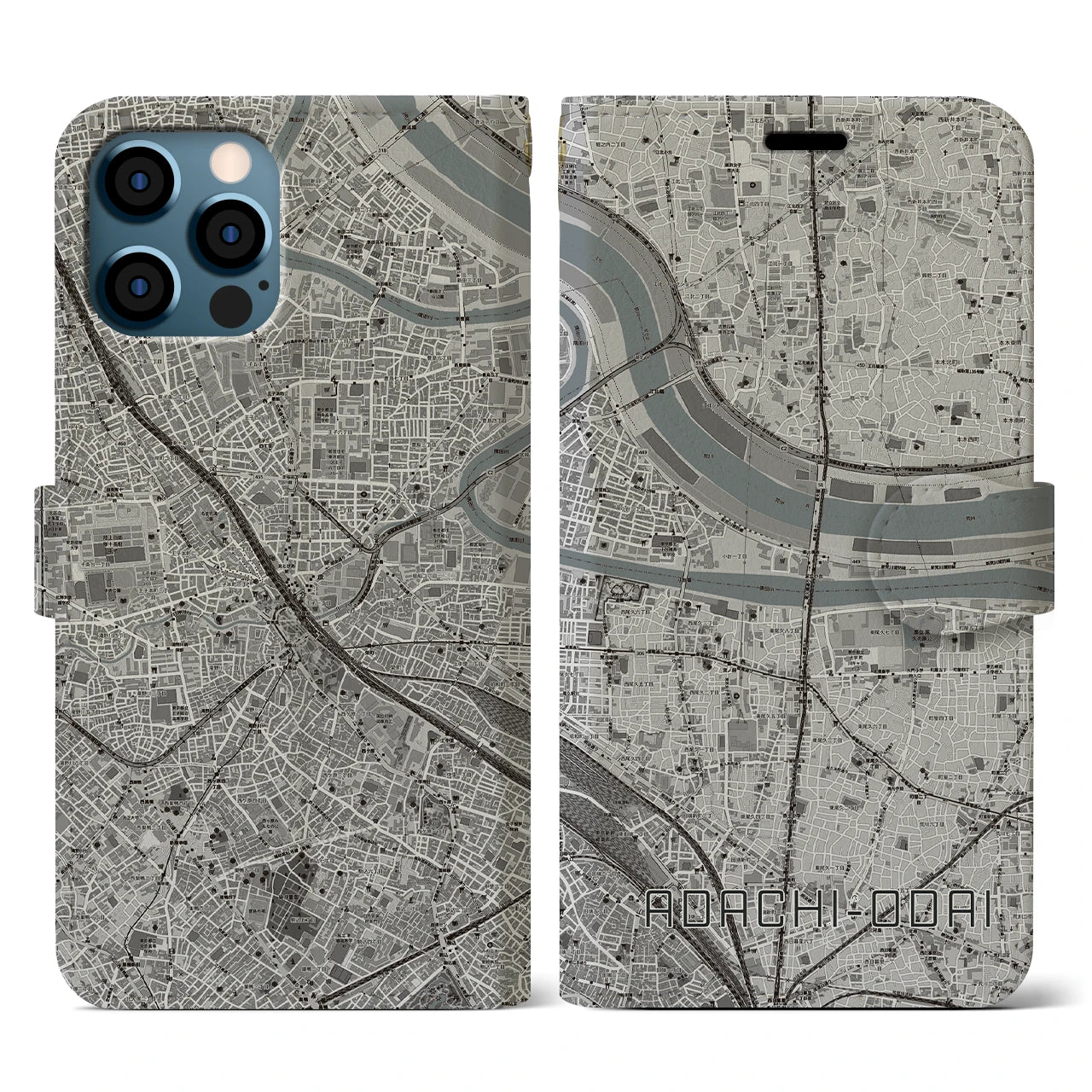 【足立小台(東京都)】地図柄iPhoneケース(手帳タイプ)モノトーン・iPhone 12 / 12 Pro 用