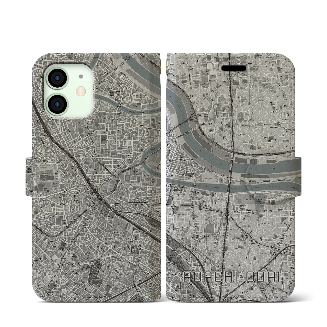 【足立小台(東京都)】地図柄iPhoneケース(手帳タイプ)モノトーン・iPhone 12 mini 用