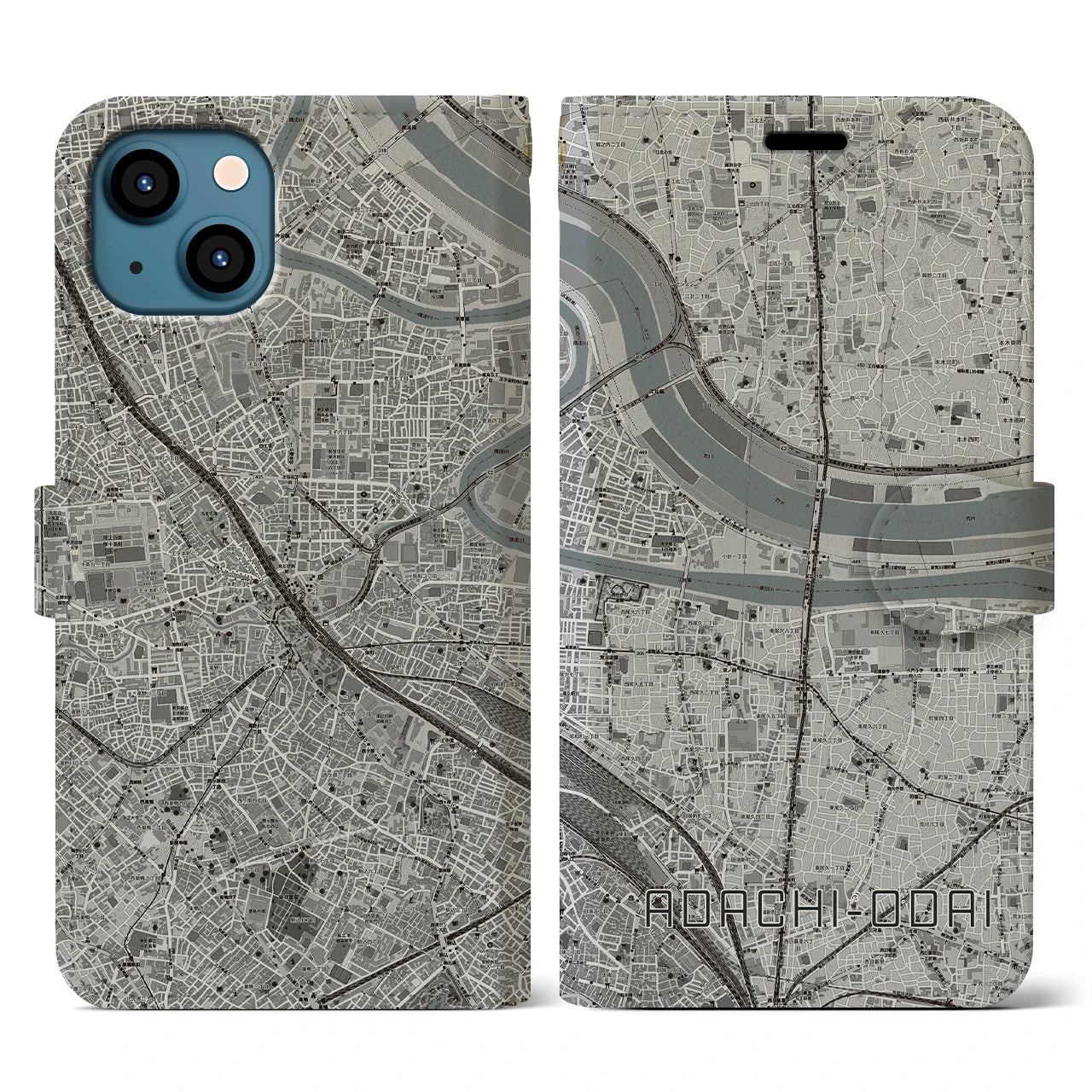 【足立小台(東京都)】地図柄iPhoneケース(手帳タイプ)モノトーン・iPhone 13 用