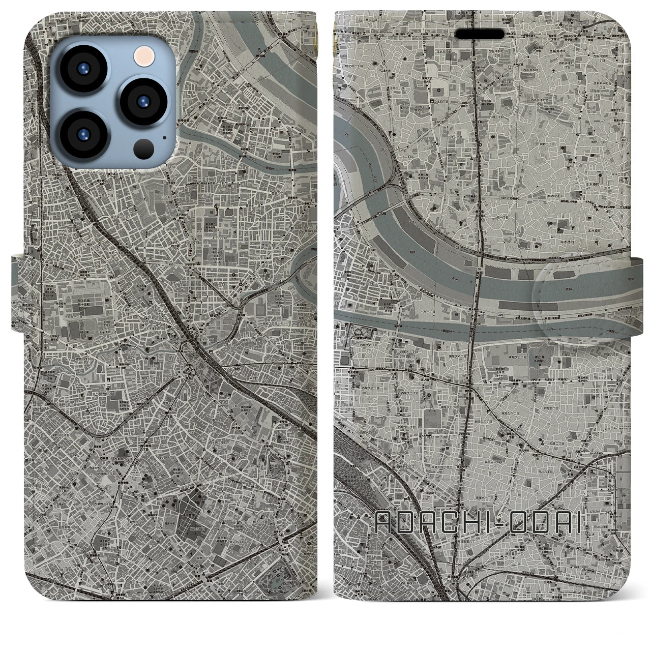 【足立小台(東京都)】地図柄iPhoneケース(手帳タイプ)モノトーン・iPhone 13 Pro Max 用