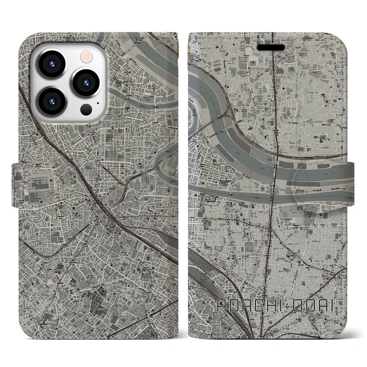 【足立小台(東京都)】地図柄iPhoneケース(手帳タイプ)モノトーン・iPhone 13 Pro 用