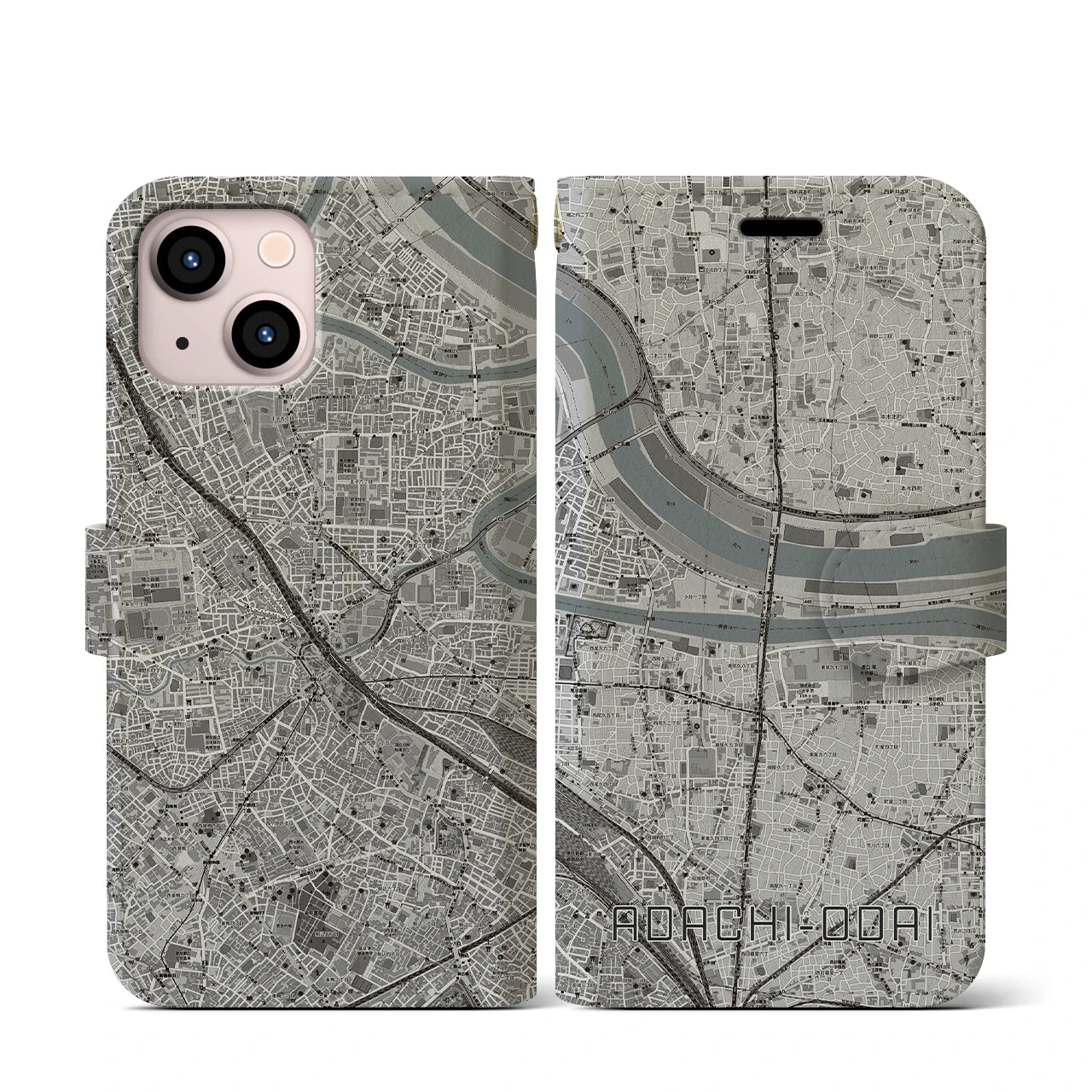 【足立小台(東京都)】地図柄iPhoneケース(手帳タイプ)モノトーン・iPhone 13 mini 用