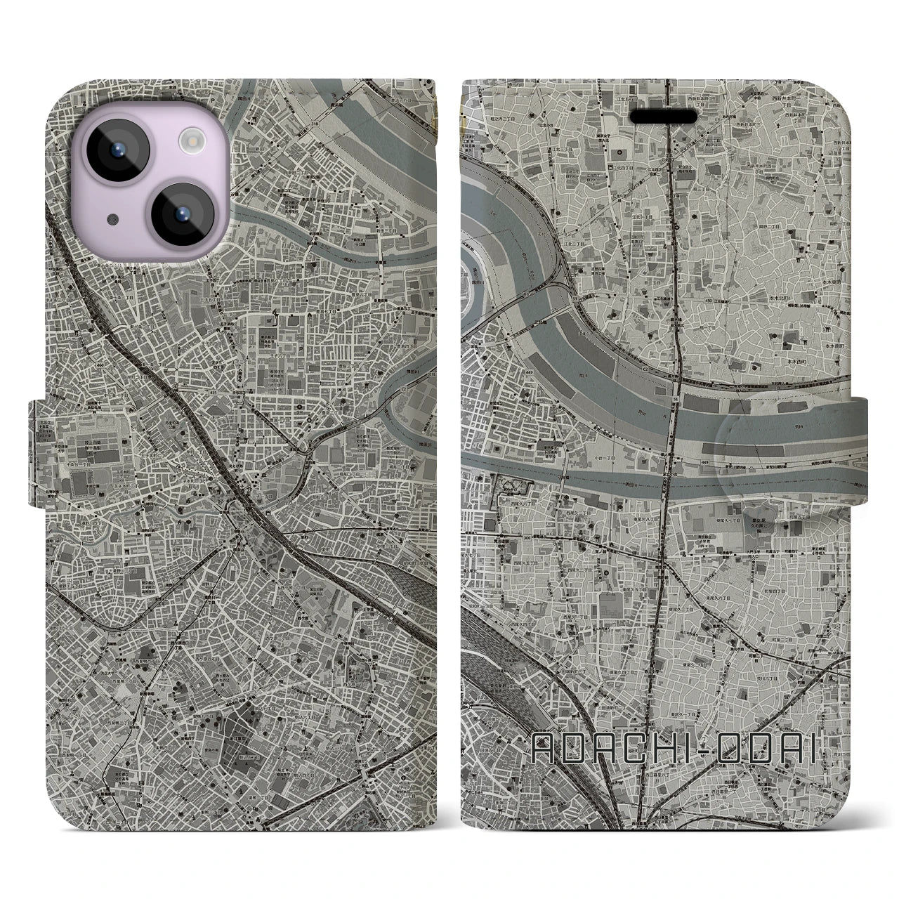 【足立小台(東京都)】地図柄iPhoneケース(手帳タイプ)モノトーン・iPhone 14 用