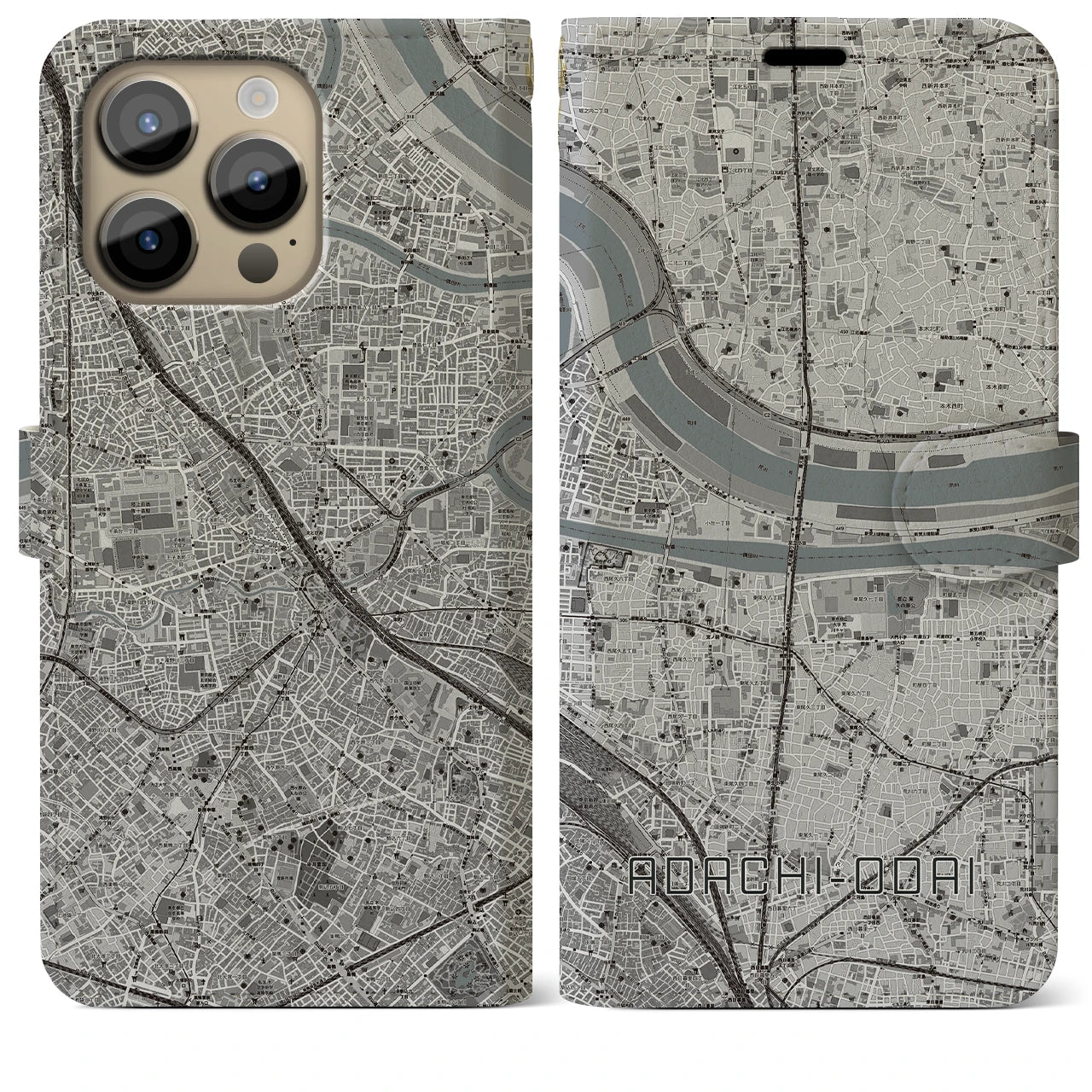 【足立小台(東京都)】地図柄iPhoneケース(手帳タイプ)モノトーン・iPhone 14 Pro Max 用