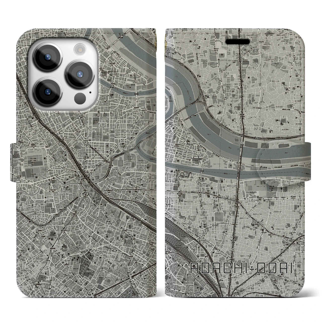 【足立小台(東京都)】地図柄iPhoneケース(手帳タイプ)モノトーン・iPhone 14 Pro 用