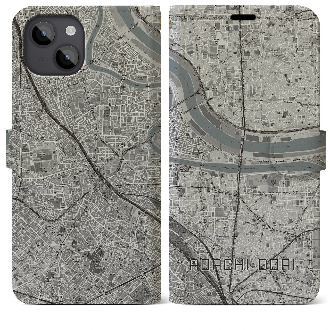 【足立小台(東京都)】地図柄iPhoneケース(手帳タイプ)モノトーン・iPhone 14 Plus 用