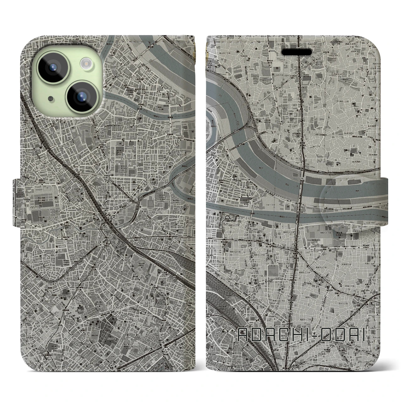 【足立小台(東京都)】地図柄iPhoneケース(手帳タイプ)モノトーン・iPhone 15 用