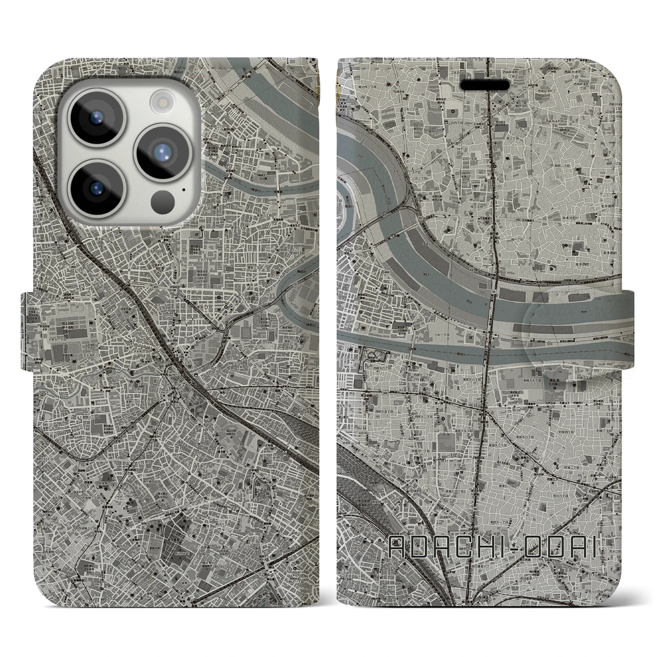 【足立小台(東京都)】地図柄iPhoneケース(手帳タイプ)モノトーン・iPhone 15 Pro 用