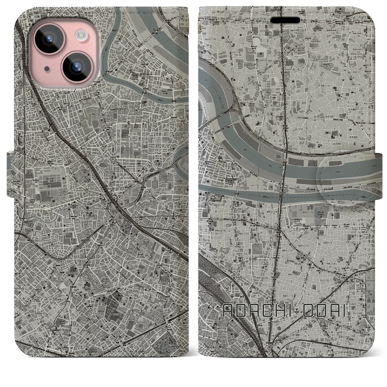 【足立小台(東京都)】地図柄iPhoneケース(手帳タイプ)モノトーン・iPhone 15 Plus 用