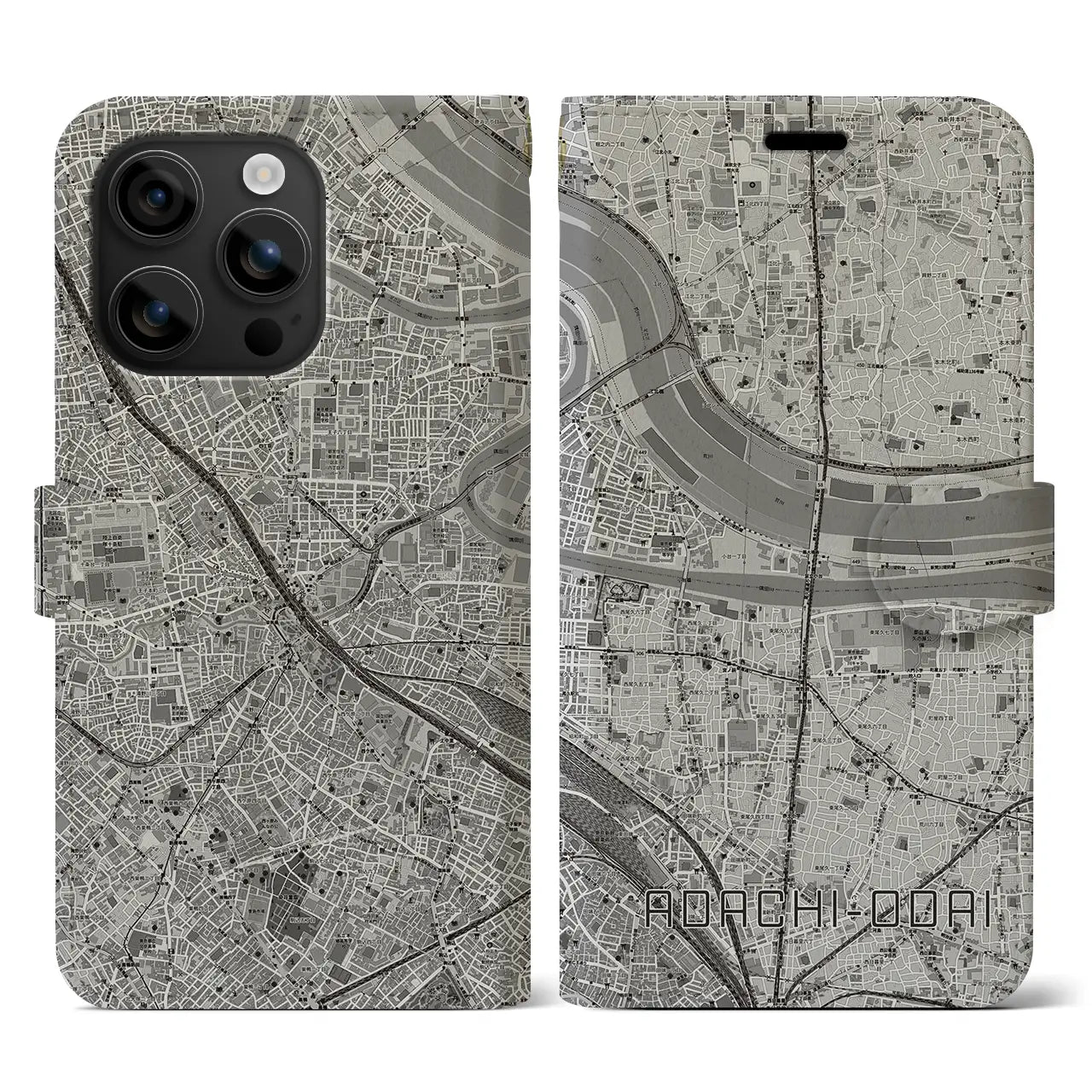 【足立小台(東京都)】地図柄iPhoneケース(手帳タイプ)モノトーン・iPhone 16 用