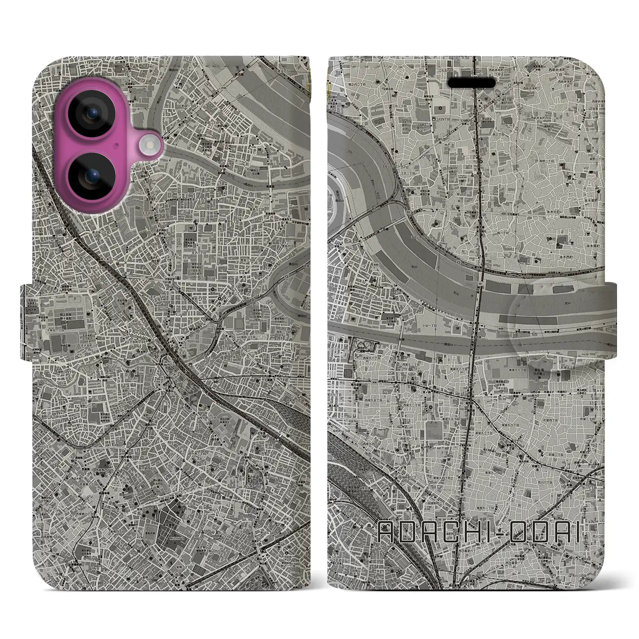 【足立小台(東京都)】地図柄iPhoneケース(手帳タイプ)モノトーン・iPhone 16 Pro 用