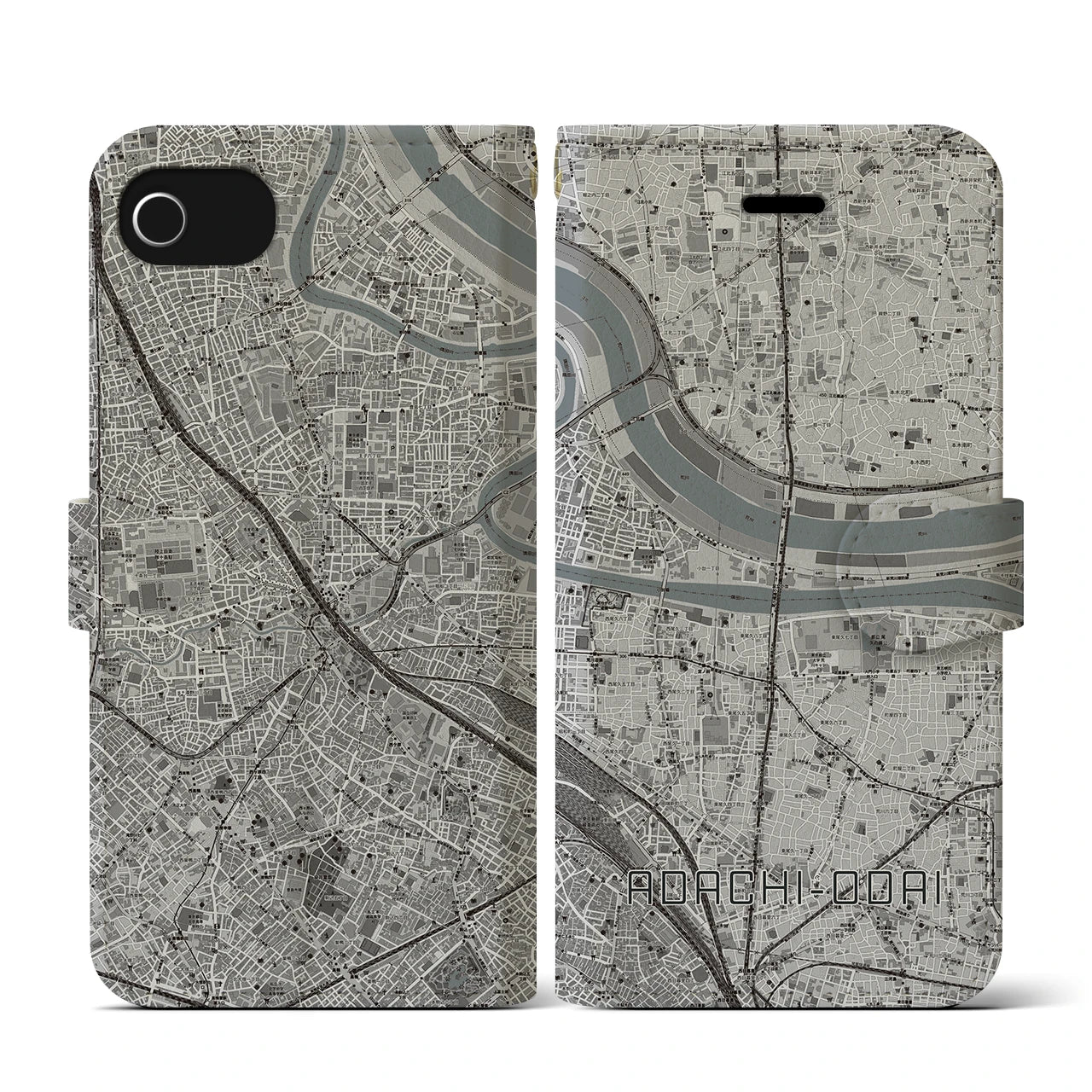 【足立小台(東京都)】地図柄iPhoneケース(手帳タイプ)モノトーン・iPhone SE(第3 / 第2世代) / 8 / 7 / 6s / 6 用