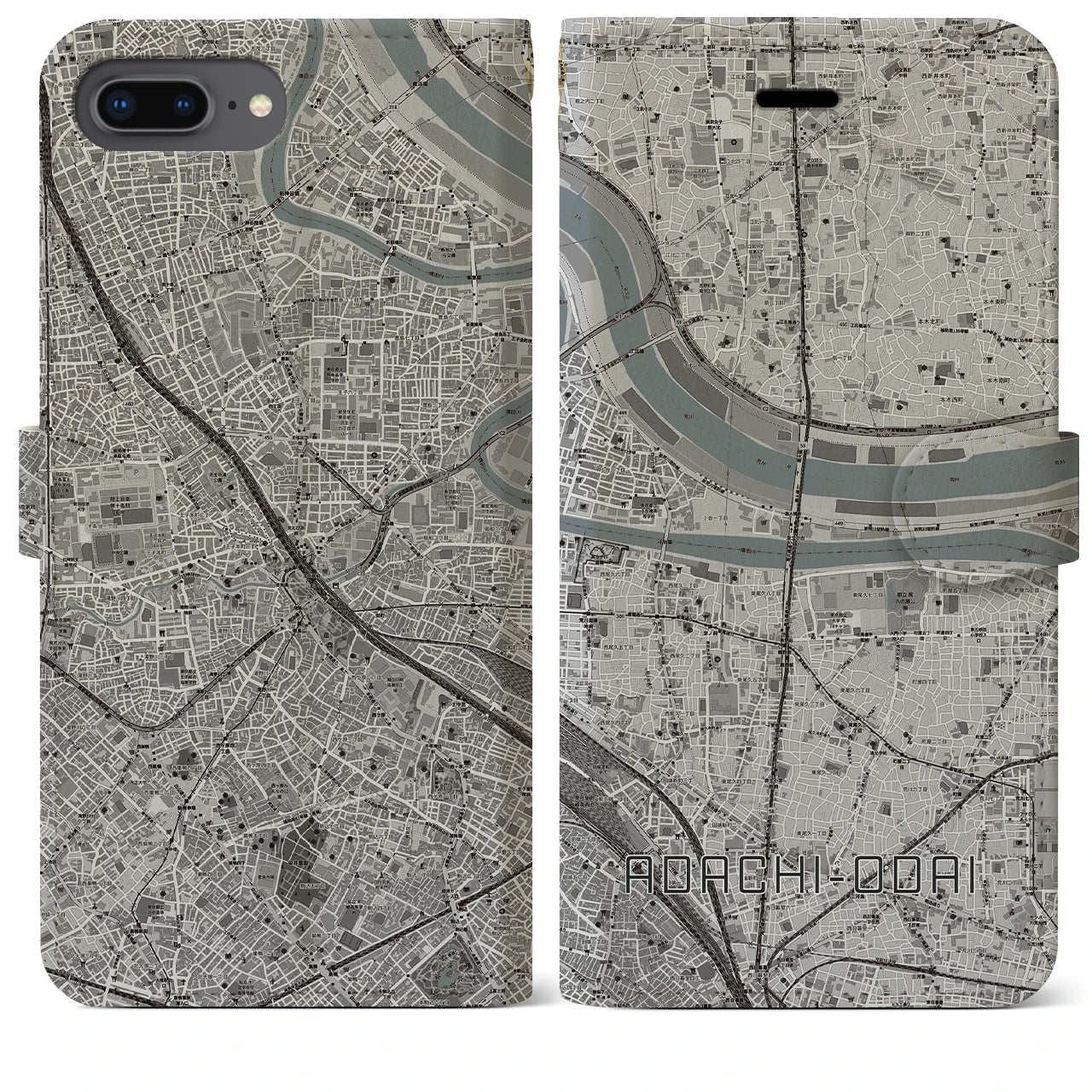 【足立小台(東京都)】地図柄iPhoneケース(手帳タイプ)モノトーン・iPhone 8Plus /7Plus / 6sPlus / 6Plus 用
