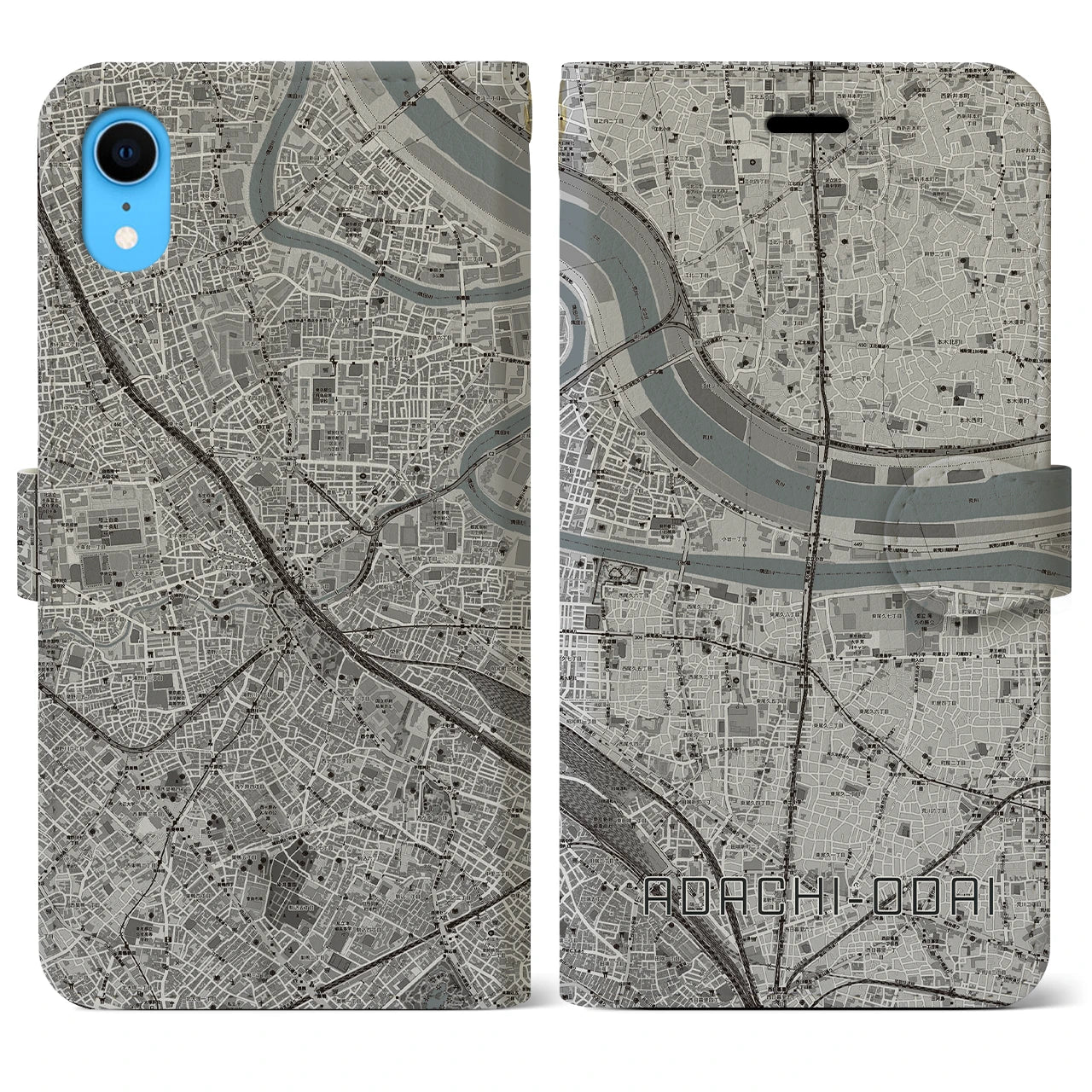 【足立小台(東京都)】地図柄iPhoneケース(手帳タイプ)モノトーン・iPhone XR 用